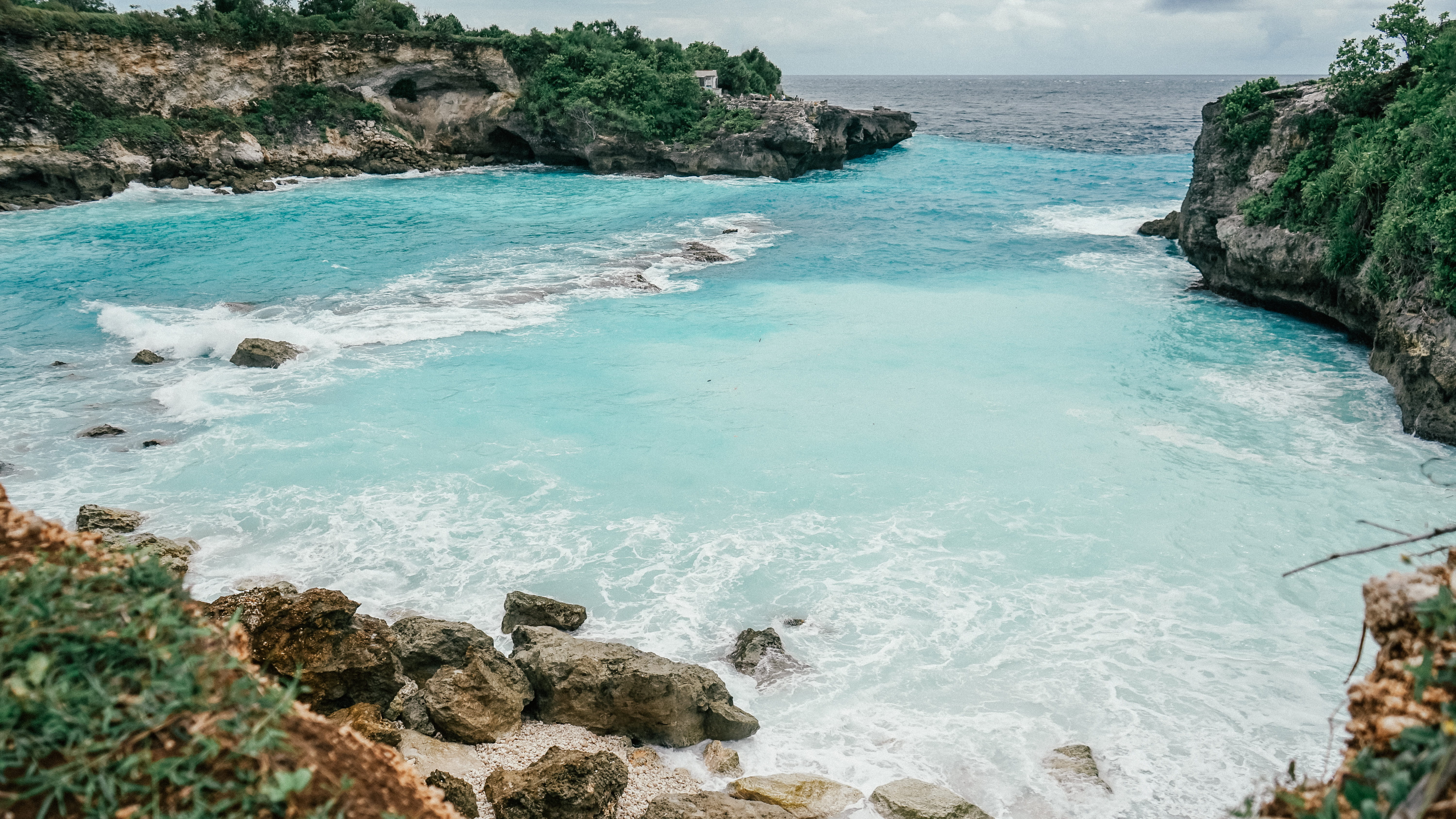 ocean, bluelagoon, bali, tranquil scene, outdoors, lagoon, landscape, nature, rock - object, water, summer, beach, land, high angle view, 5K, nusapenida, HD Wallpaper