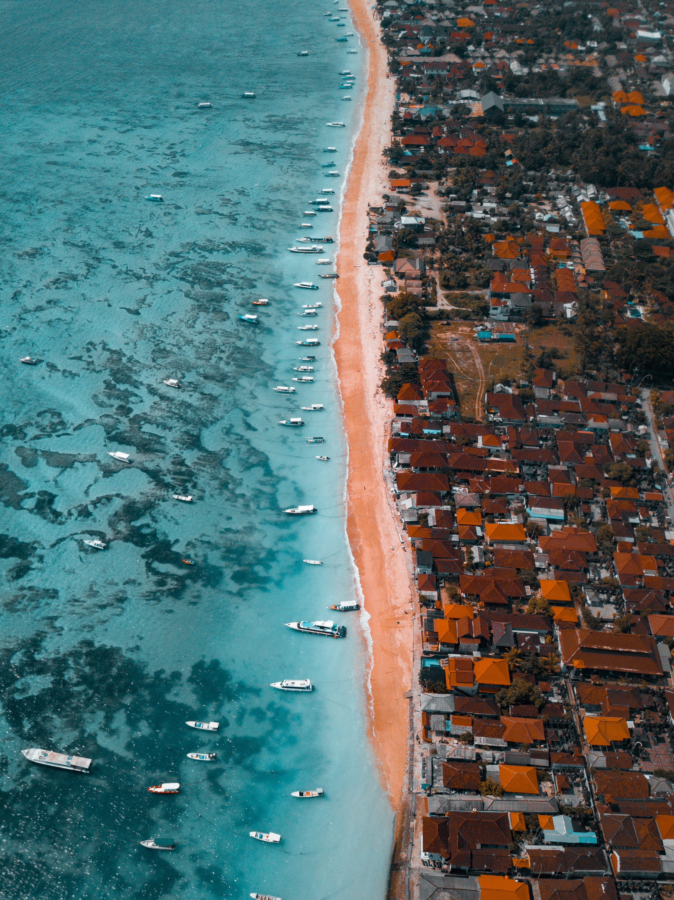 sea, aerial view, mode of transportation, nautical vessel, architecture, built structure, turquoise colored, houses, no people, land, resort, sand, boats, Phone HD Wallpaper