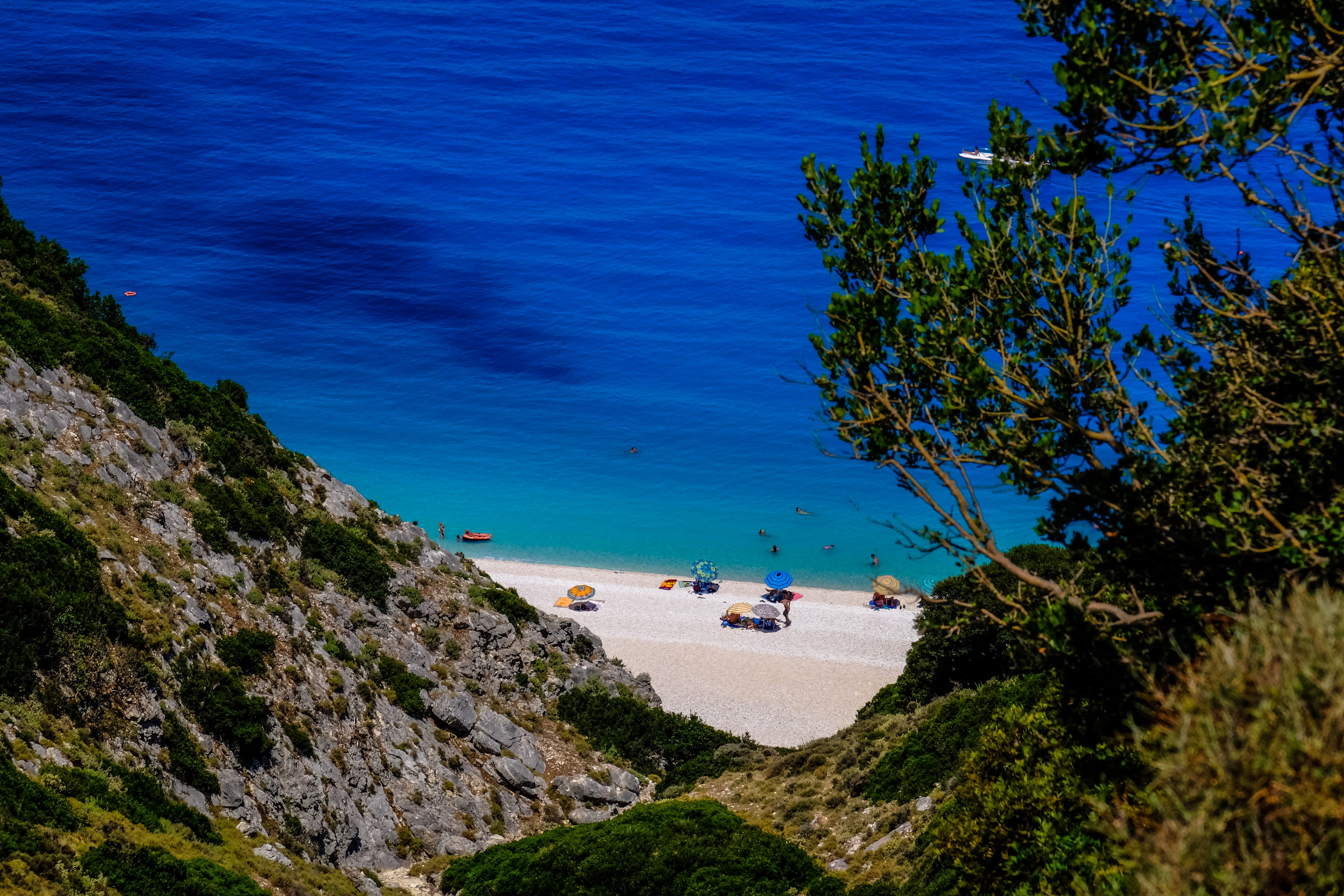 water, blue, group of people, tranquility, tree, beauty in nature, beach, leisure activity, nature, 4K, high angle view, day, plant, greece, real people, HD Wallpaper