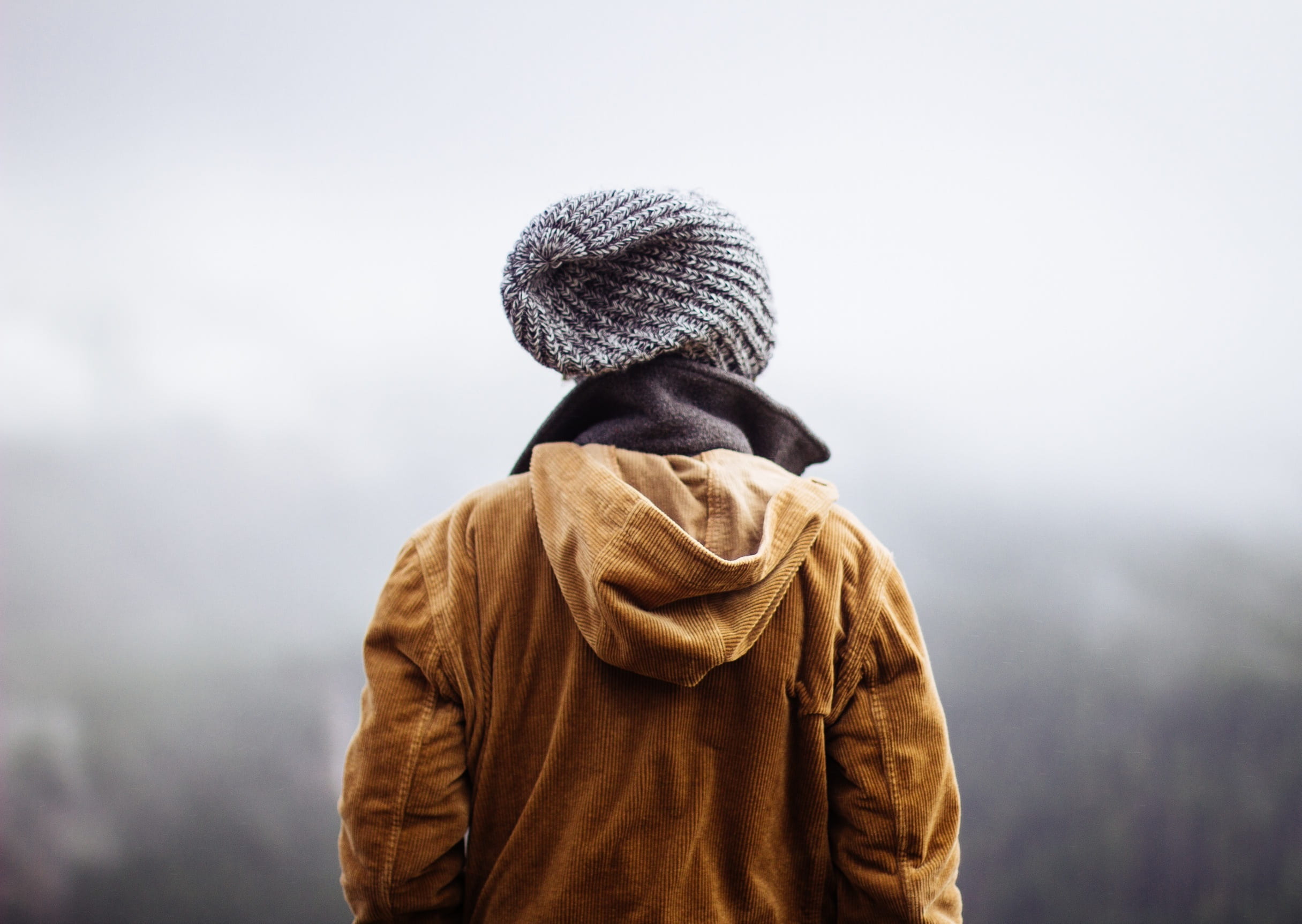outdoors, people, hood - clothing, coat, clothing, copy space, 1080P, gray, one person, hat, knit, warm clothing, sky, focus on foreground, winter, brown, HD Wallpaper