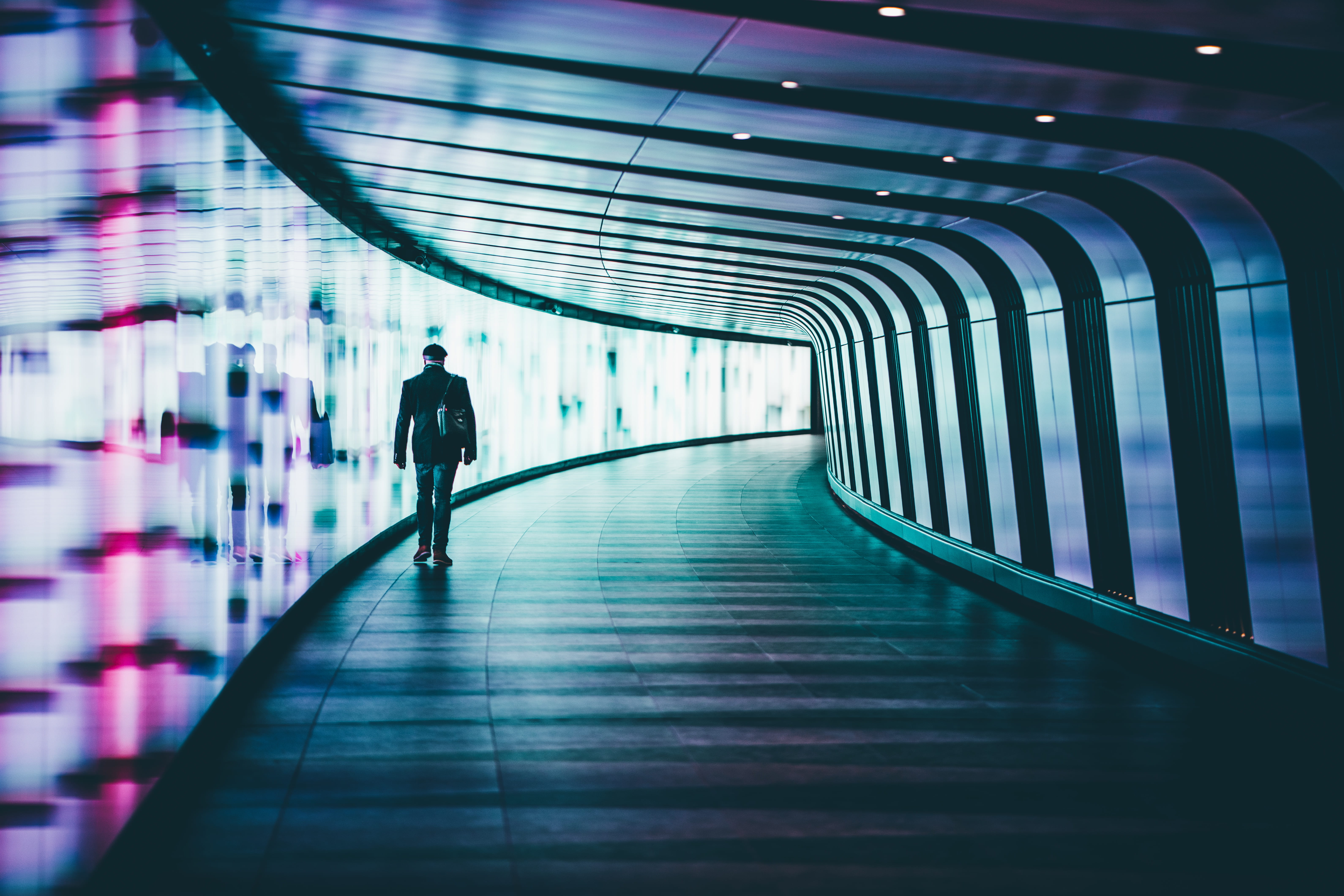 diminishing perspective, real people, corridor, 5K, walking, the way forward, modern, rear view, glowing, indoors, wall, motion, full length, person, transportation, HD Wallpaper