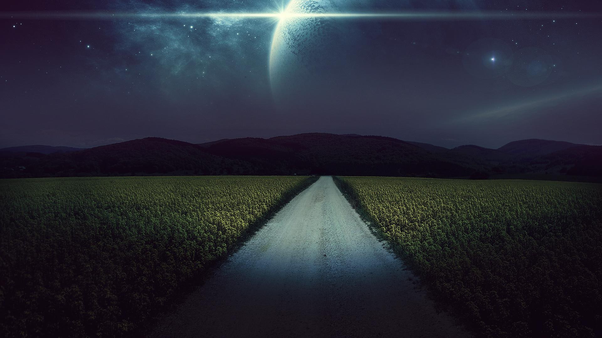 nature and landscapes, grass, gray, road, side, night, 1080P, day, time, narrow, fantasy, land, HD Wallpaper