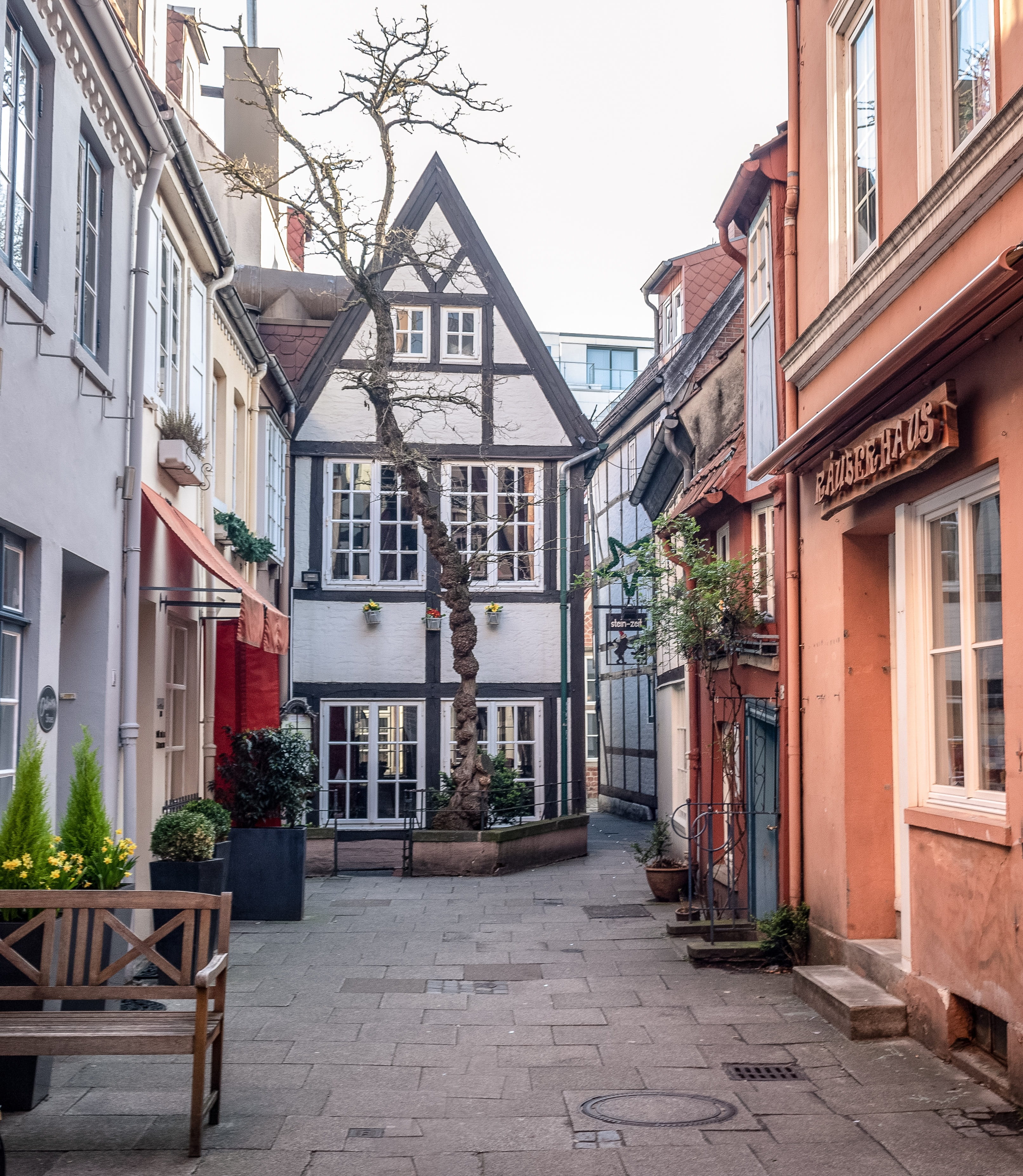 historic center, street, truss, direction, building, house, outdoors, building exterior, bremen, potted plant, plant, row house, schnoor, road, the way forward, Phone HD Wallpaper