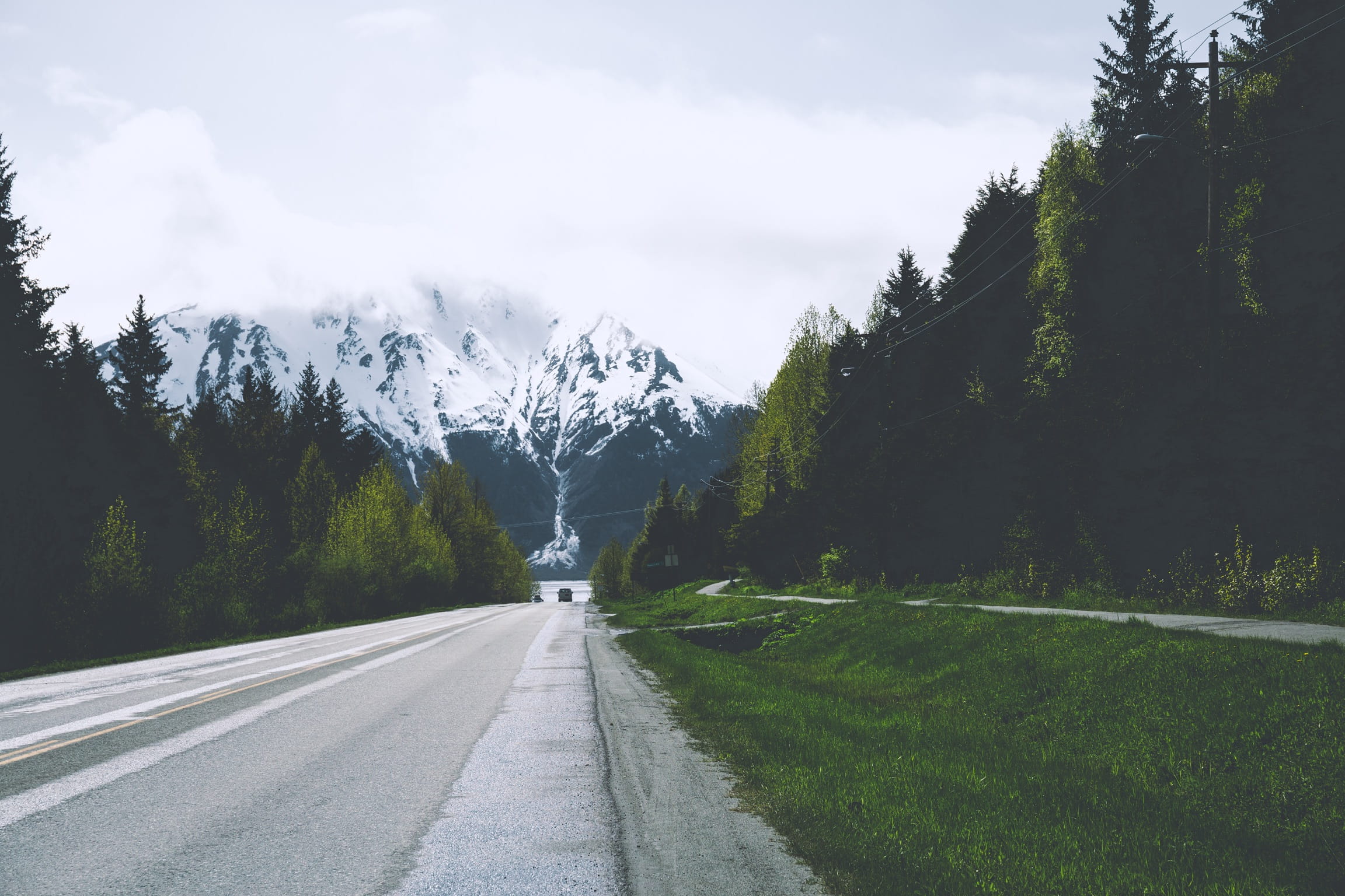 scenics - nature, 1080P, direction, Alaskan, near, no People, tranquility, day, snow, forest, nature, plant, Wilderness, asphalt, mountain Range, travel, HD Wallpaper