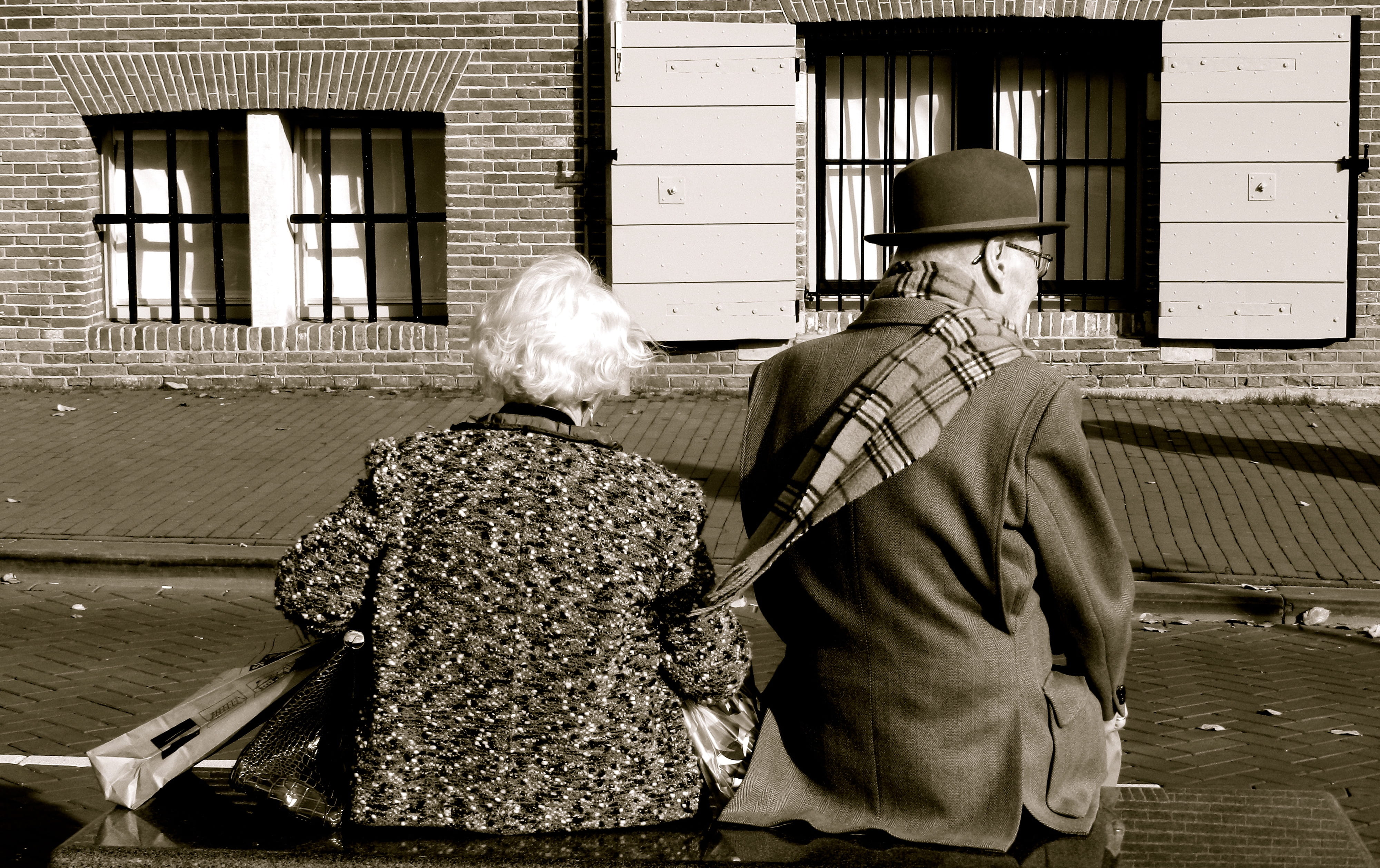 waist up, rear view, walking cane, two people, men, real people, age, warm clothing, eternal, males, grandchild, couple, sitting, 4K, adult, retirement, HD Wallpaper