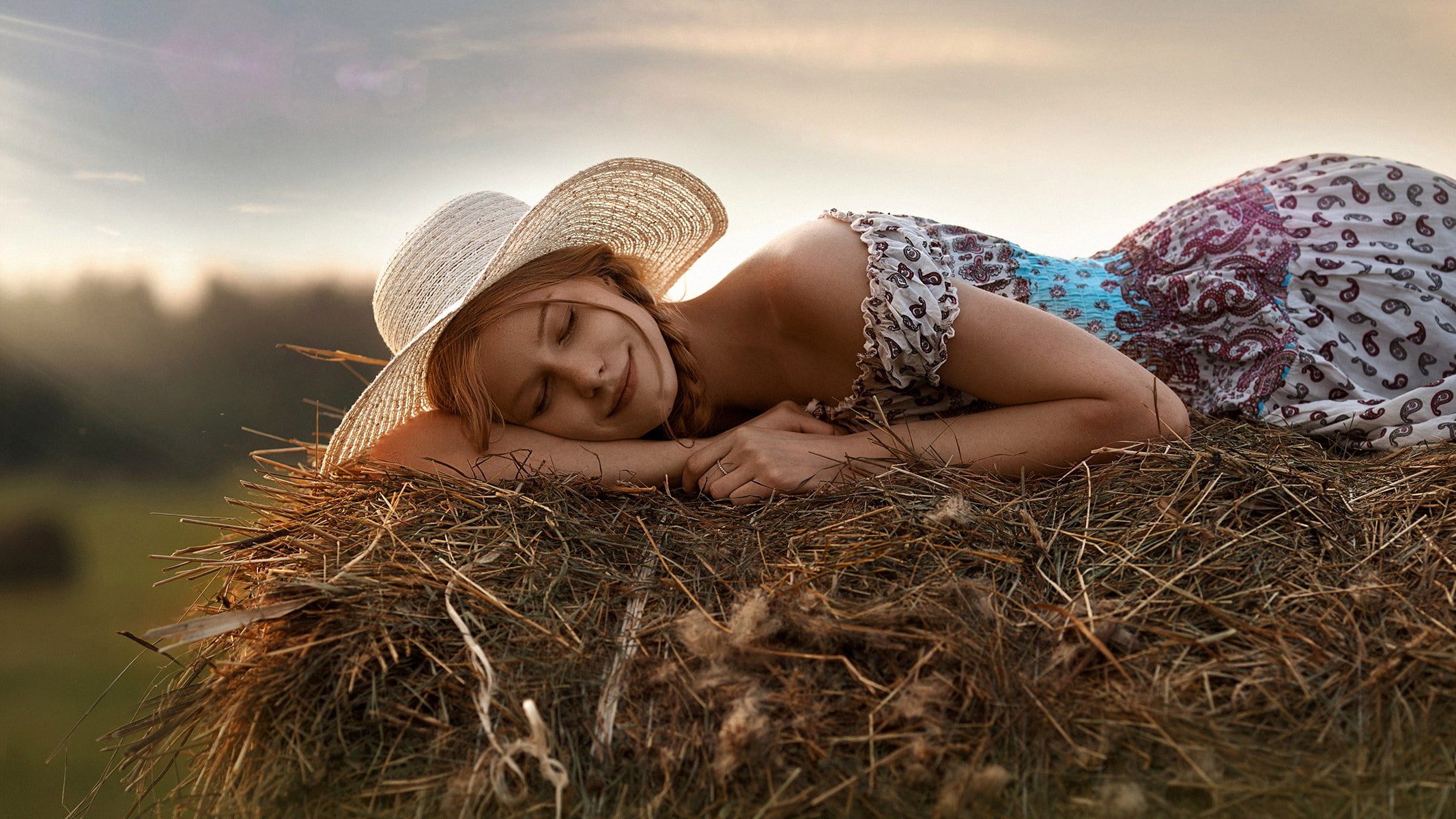 sleeping, 1080P, hat, clothing, beauty, eyes closed, women, women outdoors, serene people, young adult, one person, nature, dress, beautiful people, depth of field, HD Wallpaper