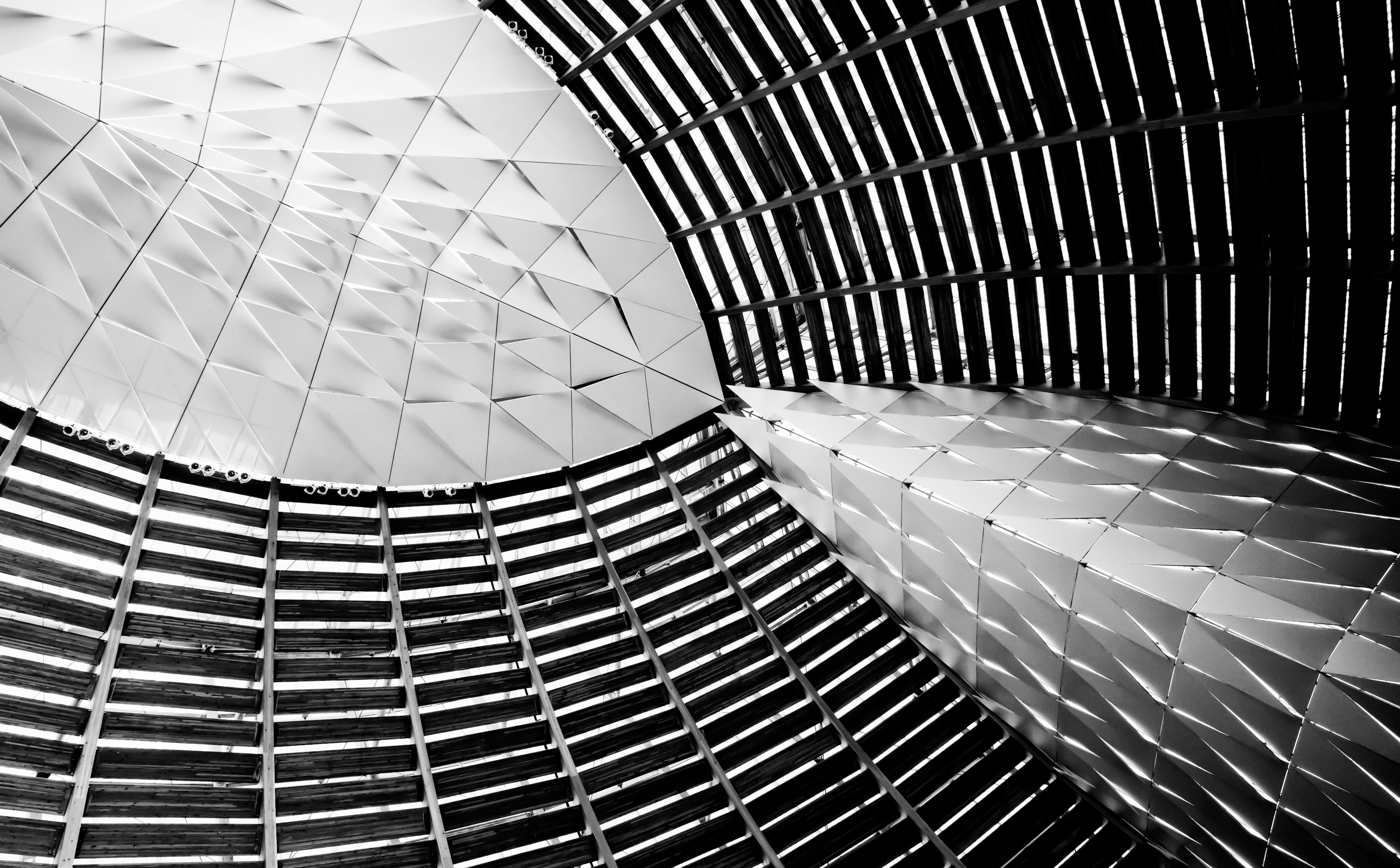 5K, no people, luxury, sunlight, glass - material, modern, pattern, queen, indoors, backgrounds, Black and White, California, skidmore owings and merrill, HD Wallpaper
