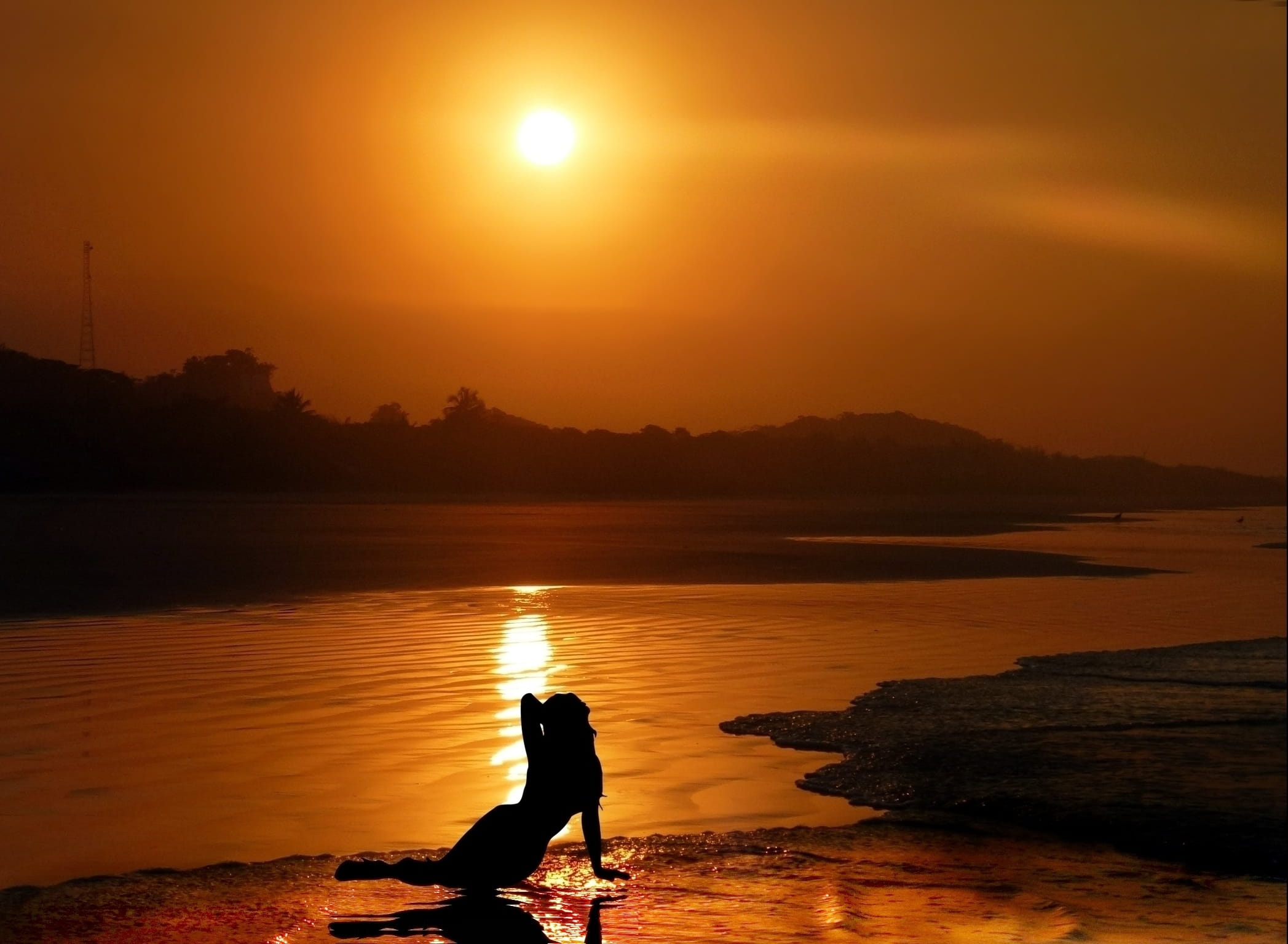 one person, litoral, Ocean, mar, leisure activity, eventide, against light, horizon, 1080P, quiet, dusk, beauty in nature, tranquil scene, tranquility, HD Wallpaper