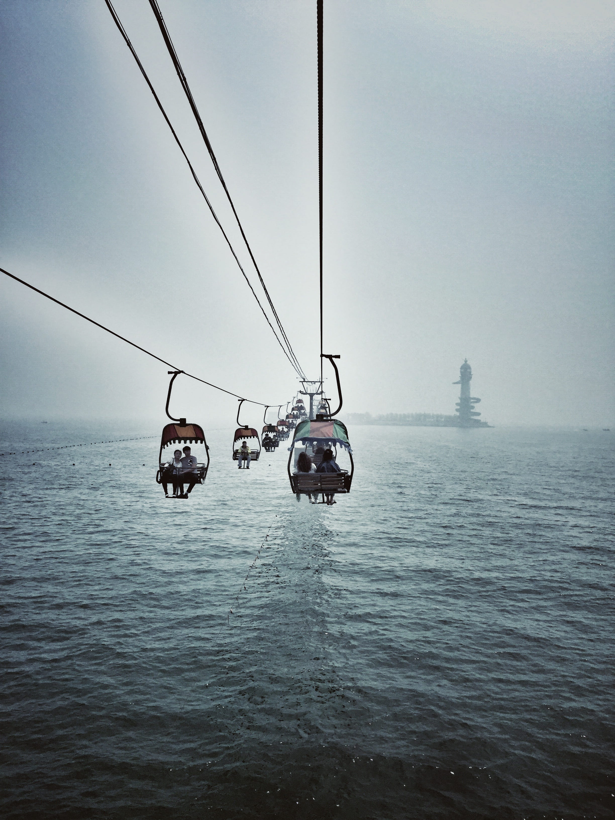mode of transportation, qingdao, beauty in nature, overhead cable car, channel, passenger craft, water, cable car, island, day, waterfront, cold temperature, Phone HD Wallpaper