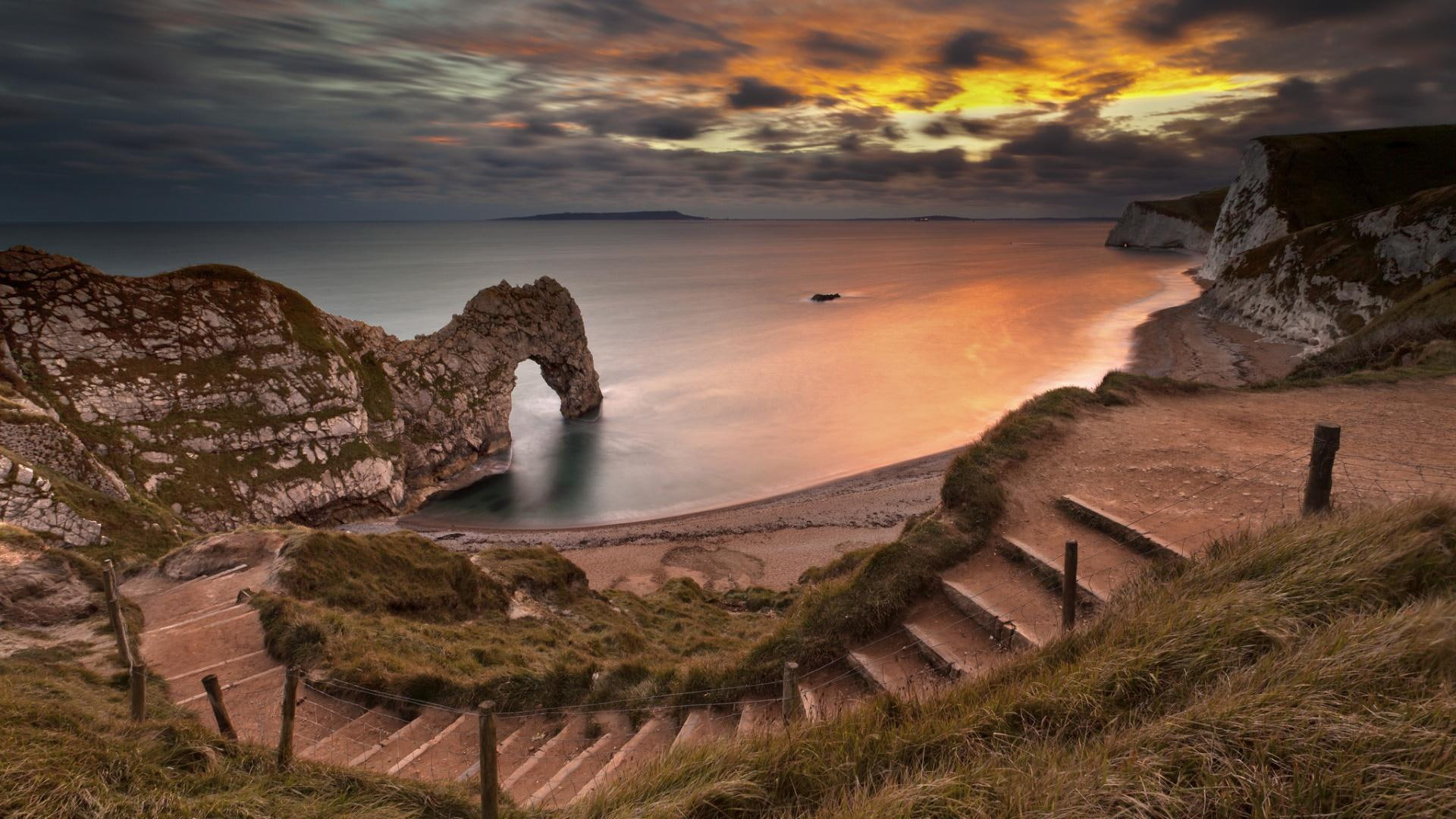 Sunset, Limestone, Durdle Door, Rock, Coast, Stairs, 1080P, Dorset, Beach, Ocean, Arch, Earth, Nature, Steps, England, Coastline, HD Wallpaper