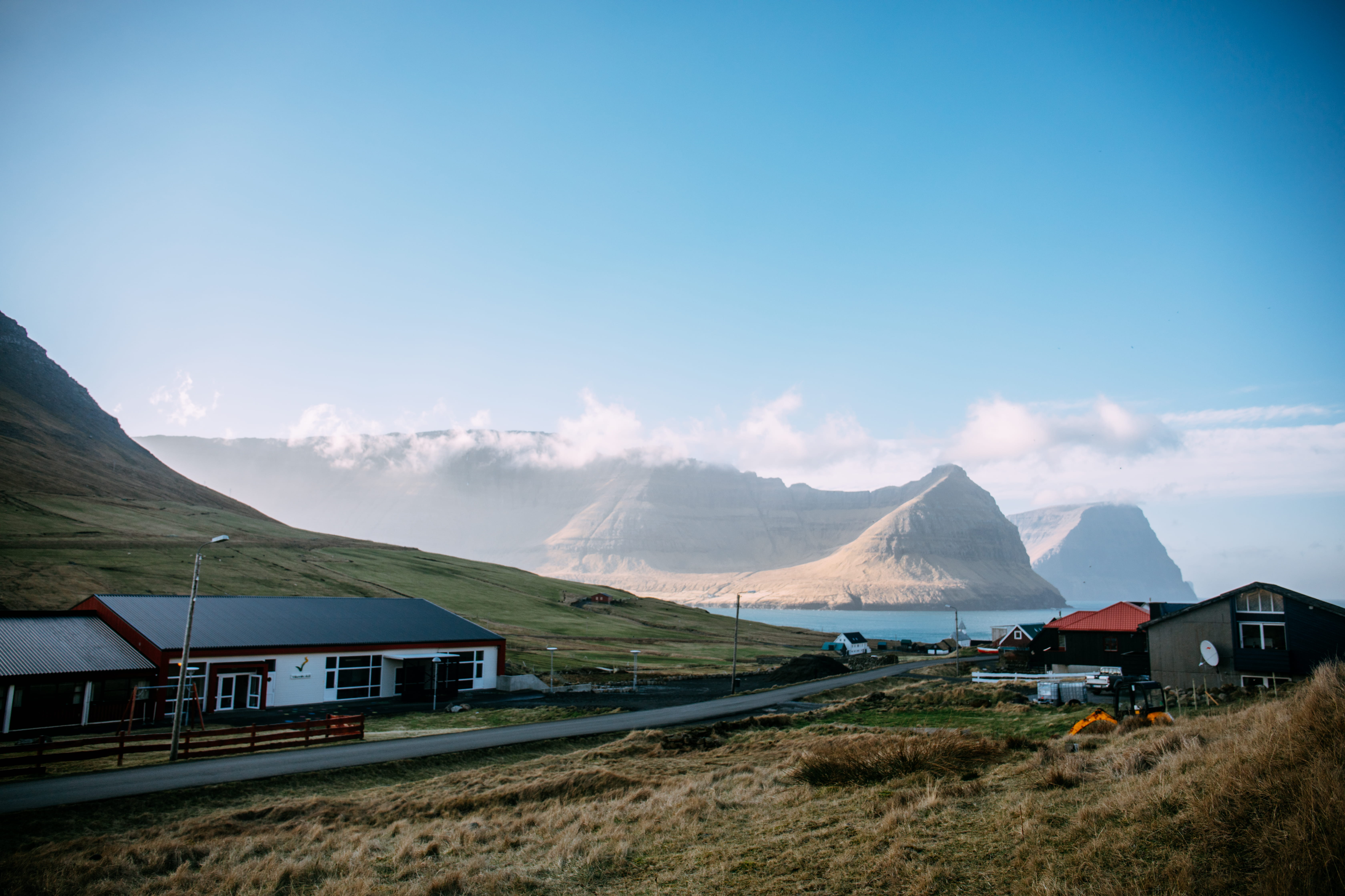 blue, environment, building exterior, beauty in nature, non-urban scene, nature, sky, day, no people, faroes, volcano, land, vidareidi, mountain peak, tranquility, HD Wallpaper