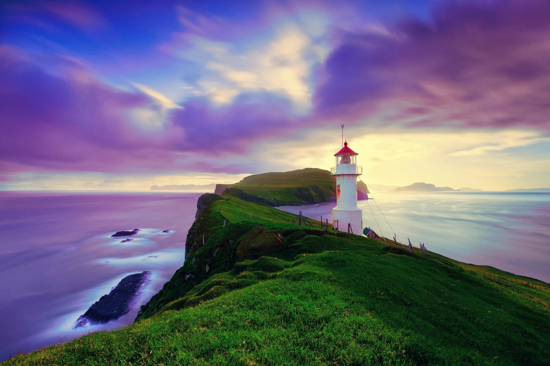 Purple, Ocean, 1080P, Horizon, Cloud, Faroe Islands, Cliff, Man Made, Rock, Buildings, Lighthouse, HD Wallpaper