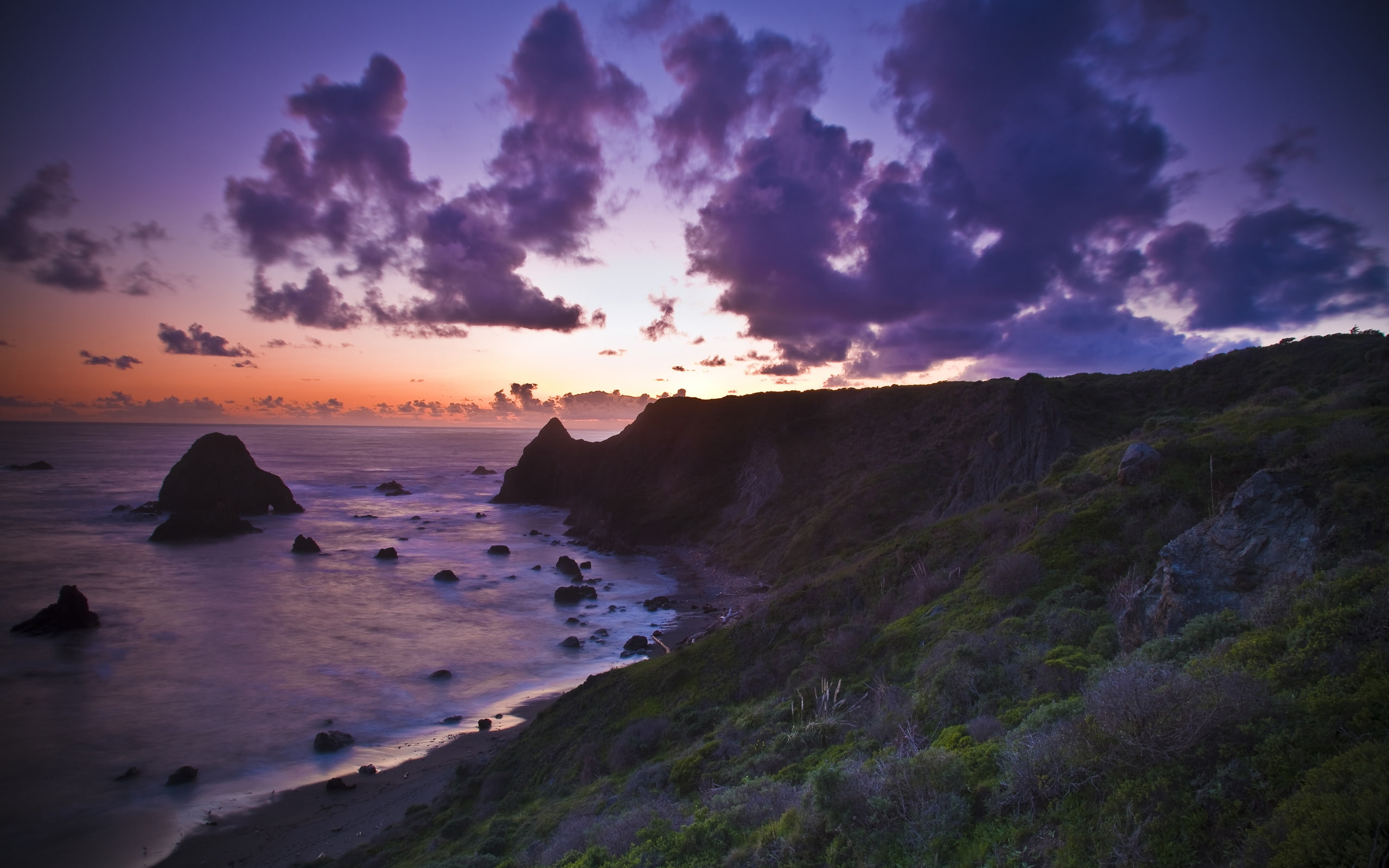 coast, clouds, grass, jenner, nature, green, ocean, 2K, water, purple, cliff, sky, outlook, filled, photography, gray, landscape, sunset, seascape, HD Wallpaper
