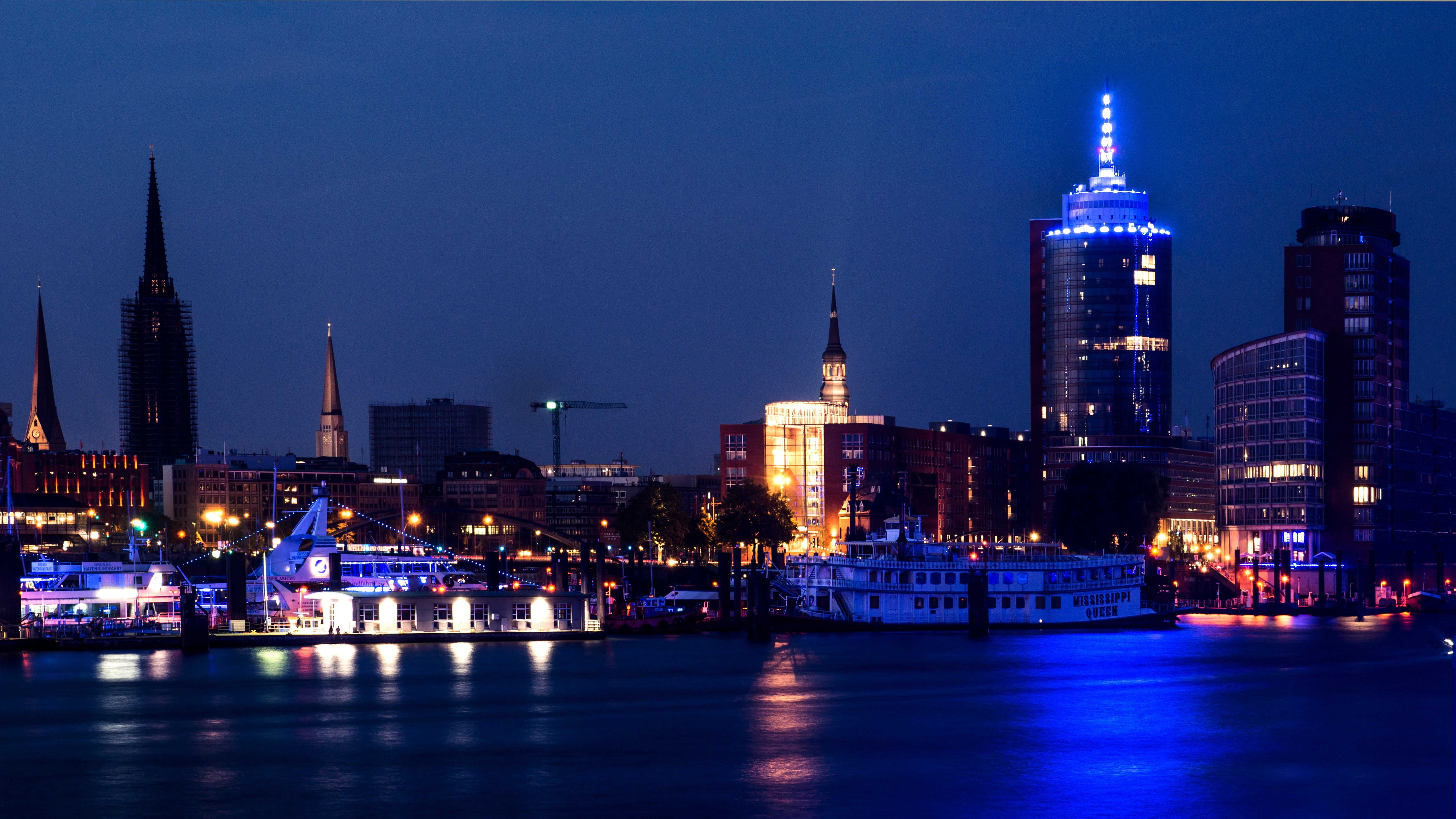 sky, rise, urban Skyline, illuminated, blue port, buildings, travel destinations, built structure, germany, financial district, dusk, downtown District, HD Wallpaper