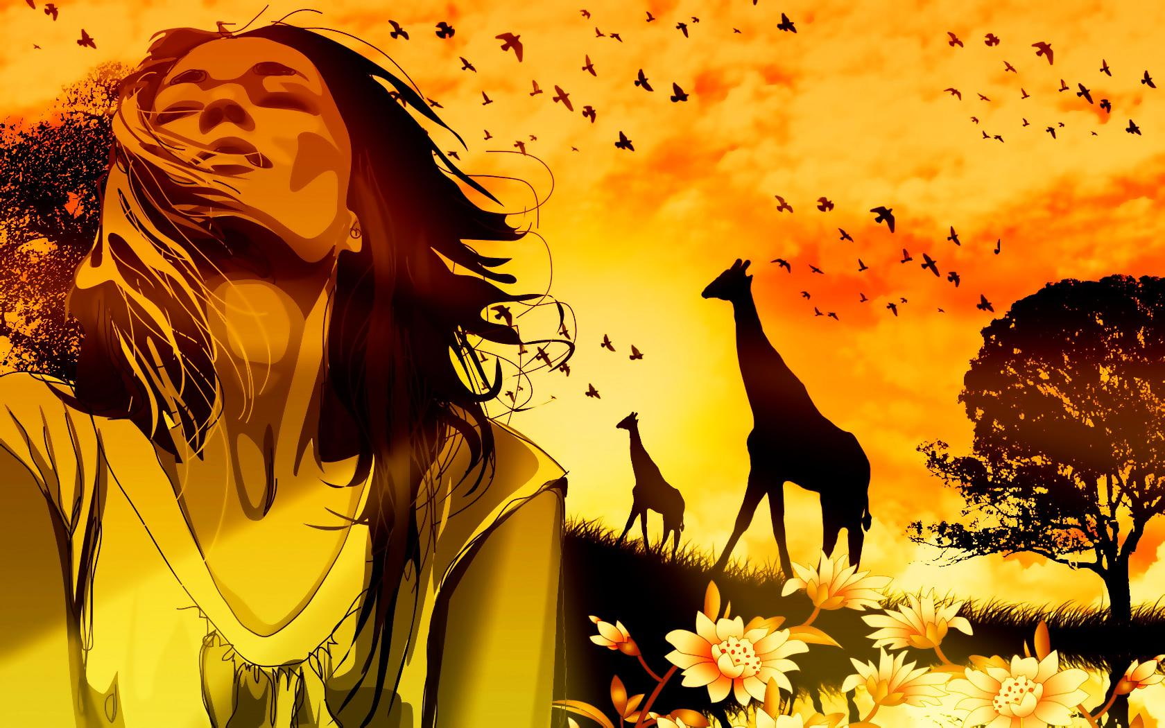 trees, world, girl, animals, euphoria, imagination, giraffe, painting, woman, 720P, dreams, HD Wallpaper