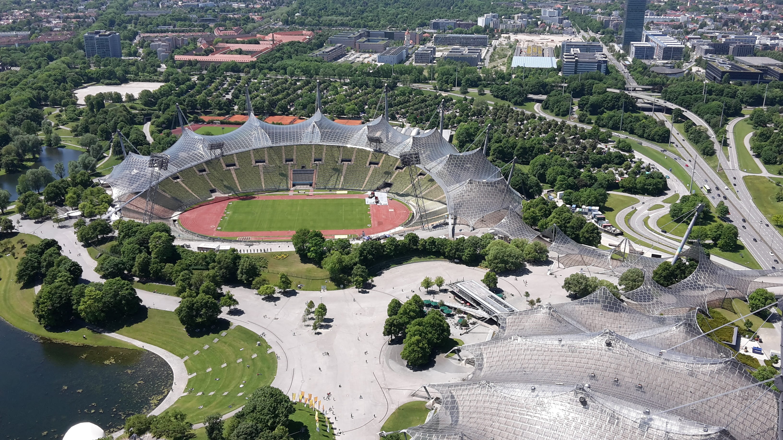 high angle view, station, travel destinations, day, tree, no people, germany, water, nature, munich, stadium, 2K, architecture, bavaria, aerial view, outlook, HD Wallpaper