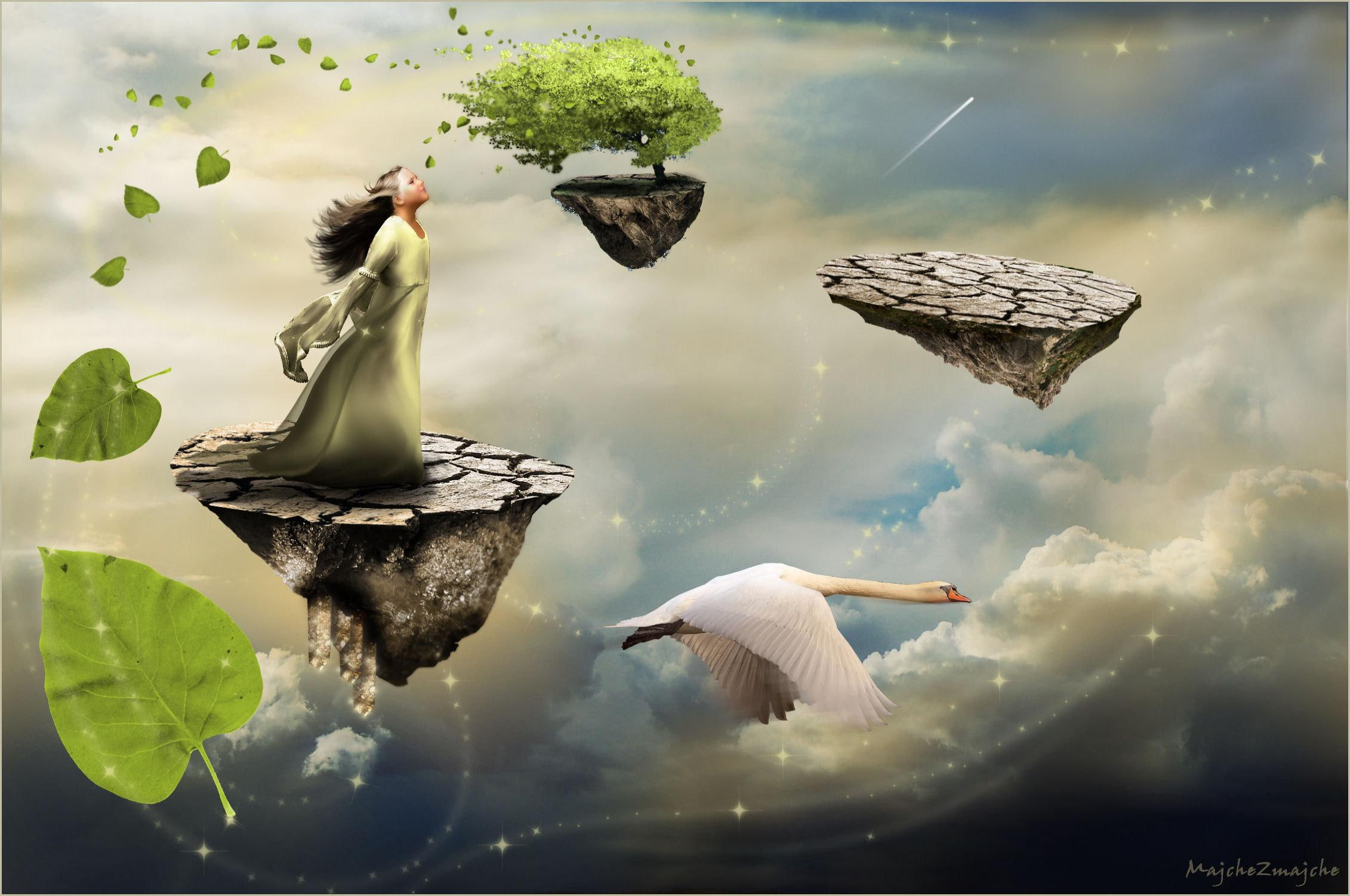 fantasy, among, 1080P, clouds, dreaming, lady, 3d and abstract, bird, dream, HD Wallpaper