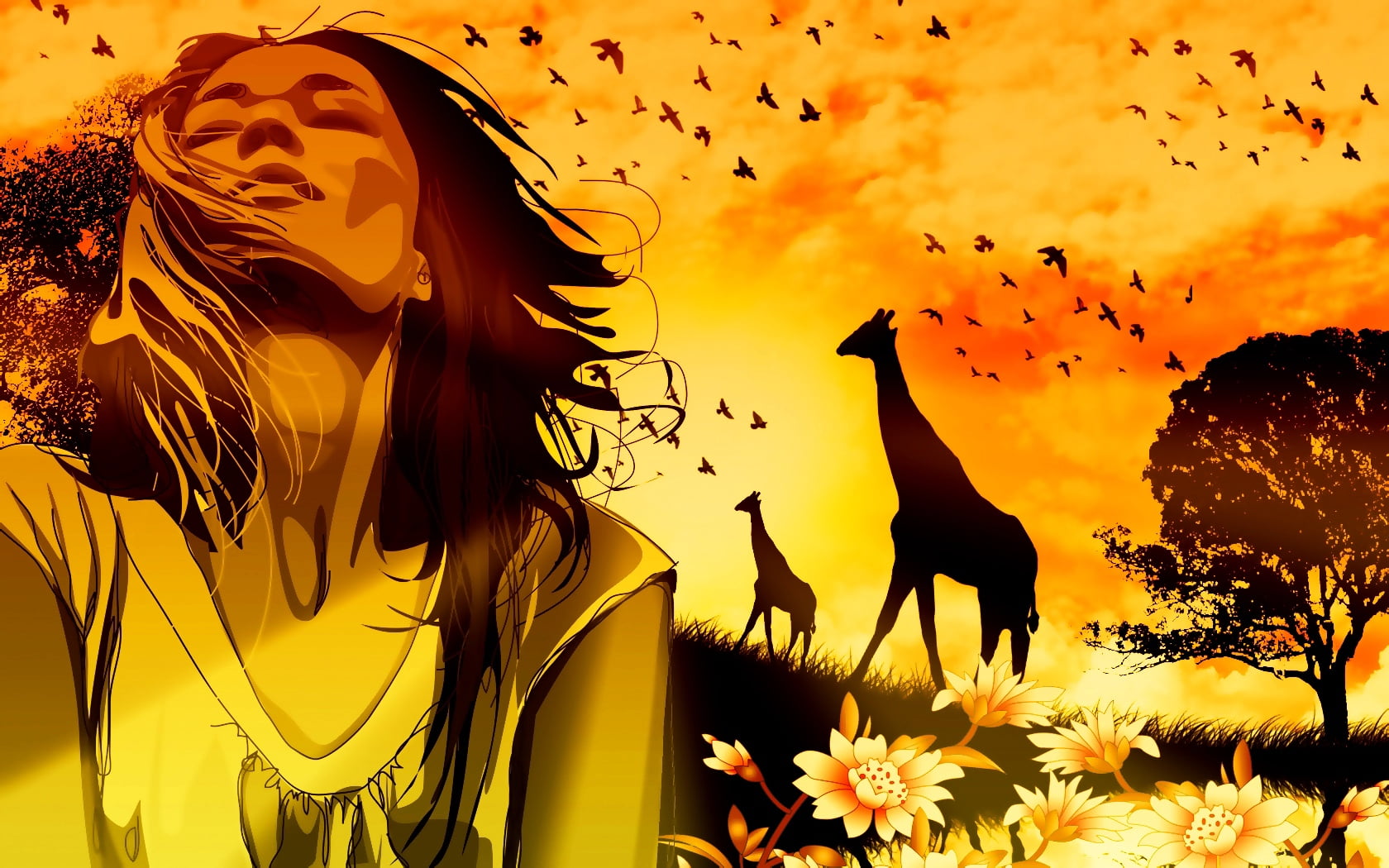 black Color, vertebrate, flower, night, animals, summer, silhouette, orange Color, sunset, one person, grass, group of animals, back Lit, woman, landscape, HD Wallpaper