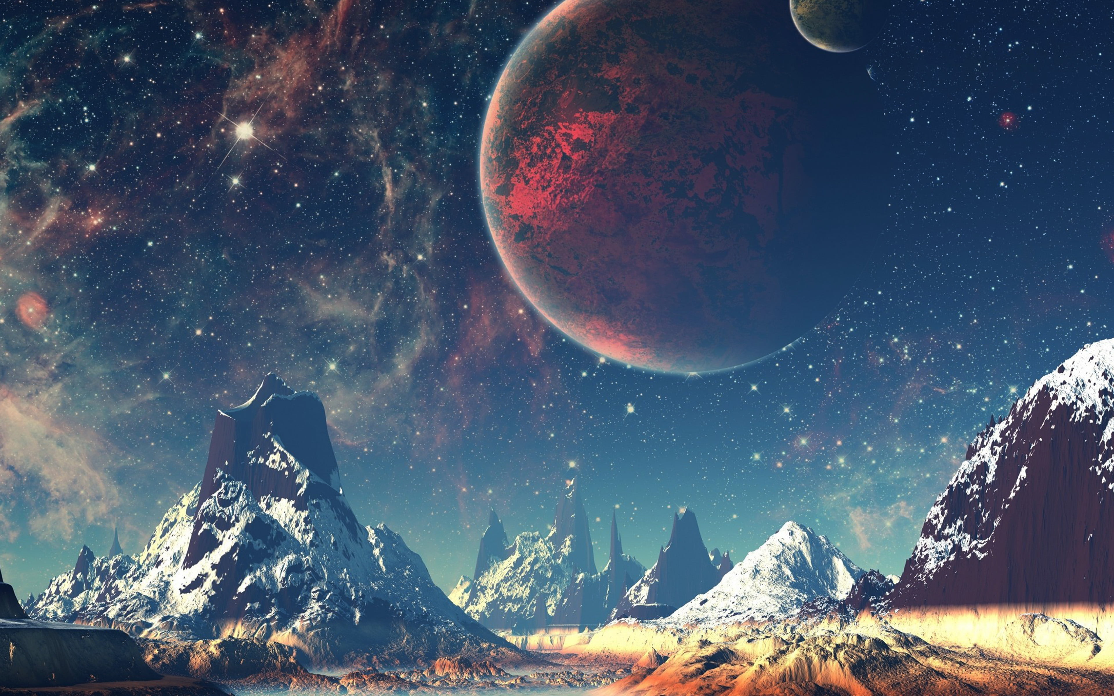 tranquil scene, no people, space and astronomy, night, 4K, scenics - nature, cold temperature, world, dream, star, mountain peak, tranquility, snow, space, HD Wallpaper