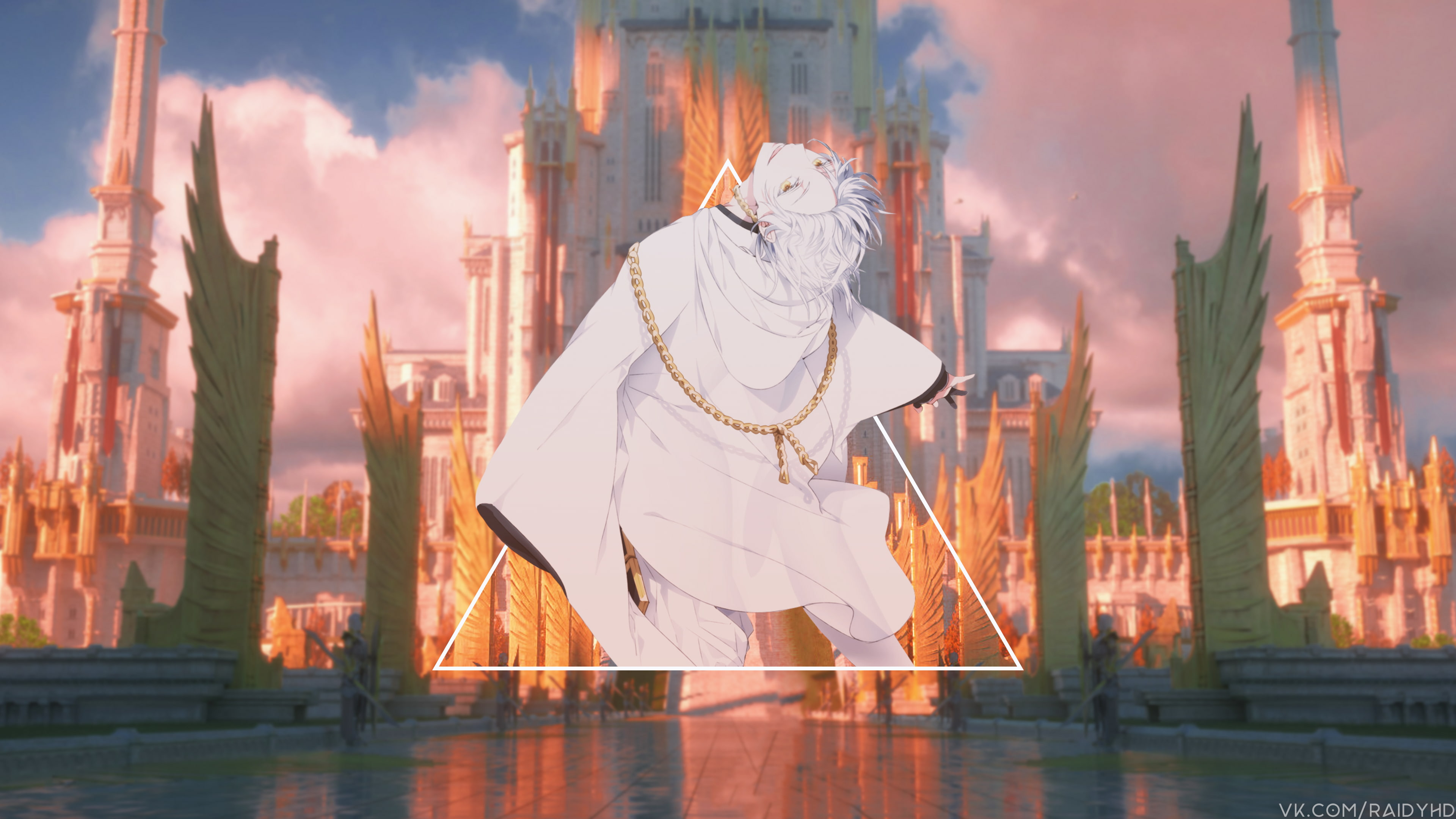 anime, fantasy city, 4K, white hair, picture-in-picture, HD Wallpaper