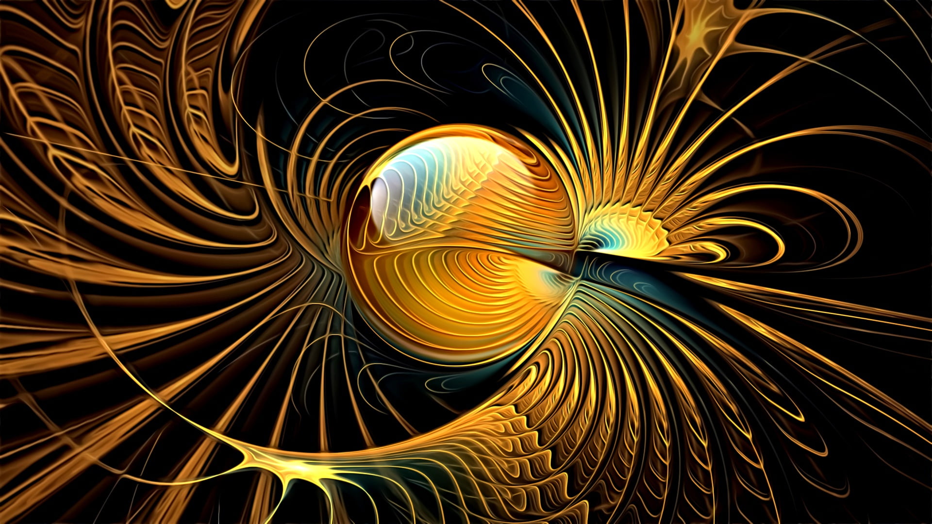 sphere, 1080P, picture, fiction, Golden fantasy, black background, curves, fractals, abstraction, line, HD Wallpaper