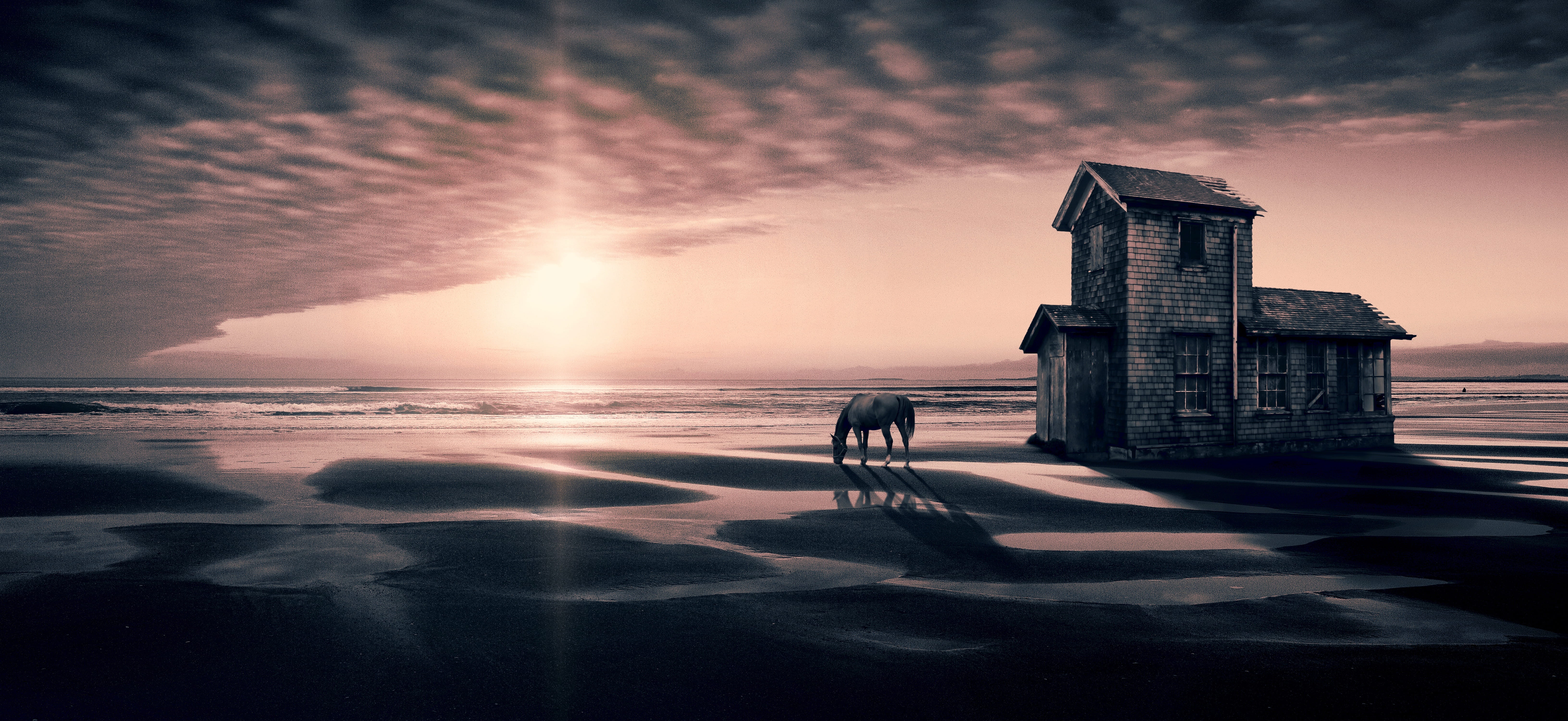 nature, 5K, fantastic, fairytale, water, mood, romantic, architecture, landscape, contrast, horizon over water, scenics - nature, house, cloud - sky, sunlight, HD Wallpaper