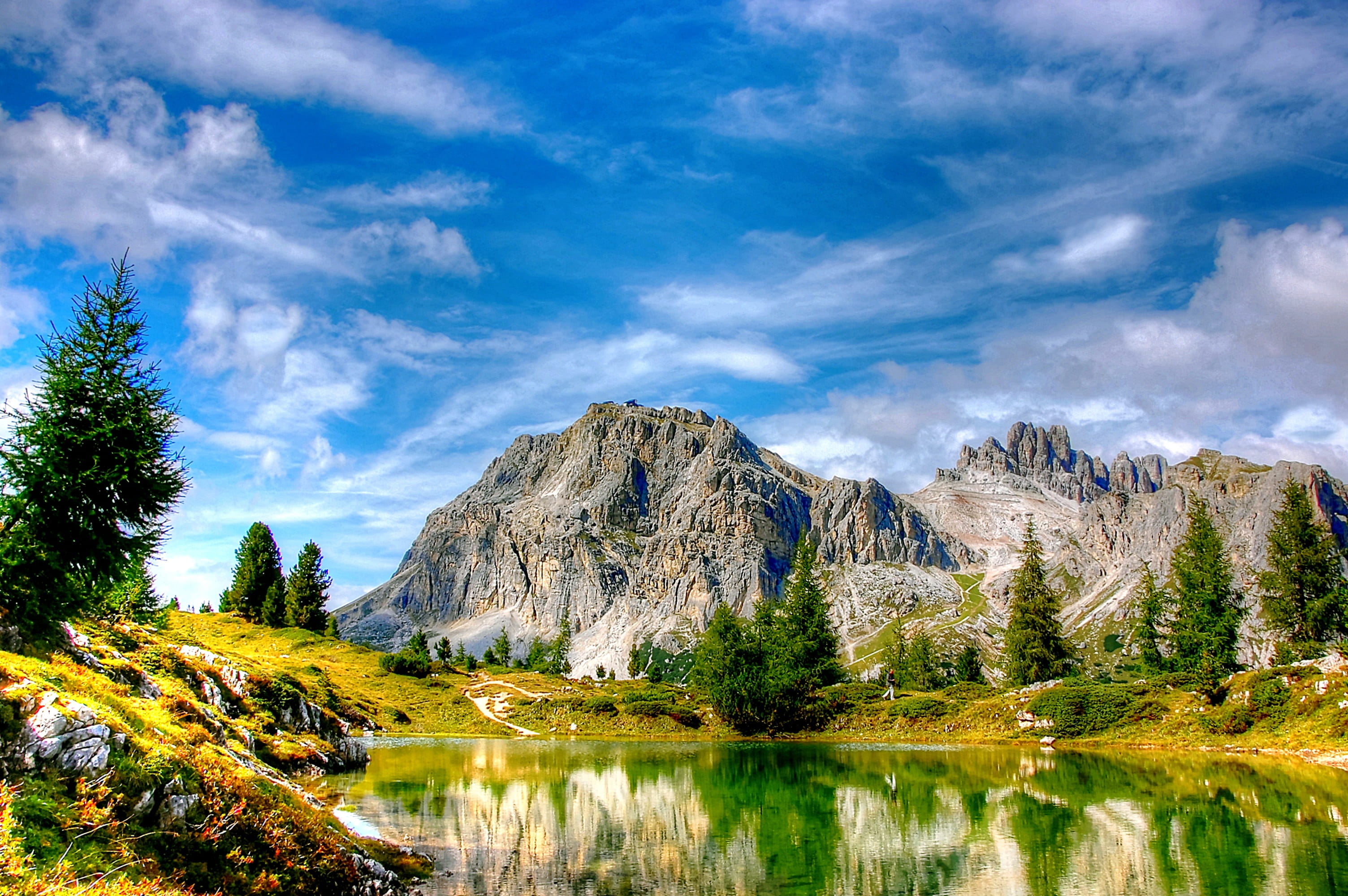 alpine walk, valley, environment, reflection lake, formation, plant, italy, reflection, viewpoint, non-urban scene, panorama, lagazuoi, water, still, bergsee, HD Wallpaper