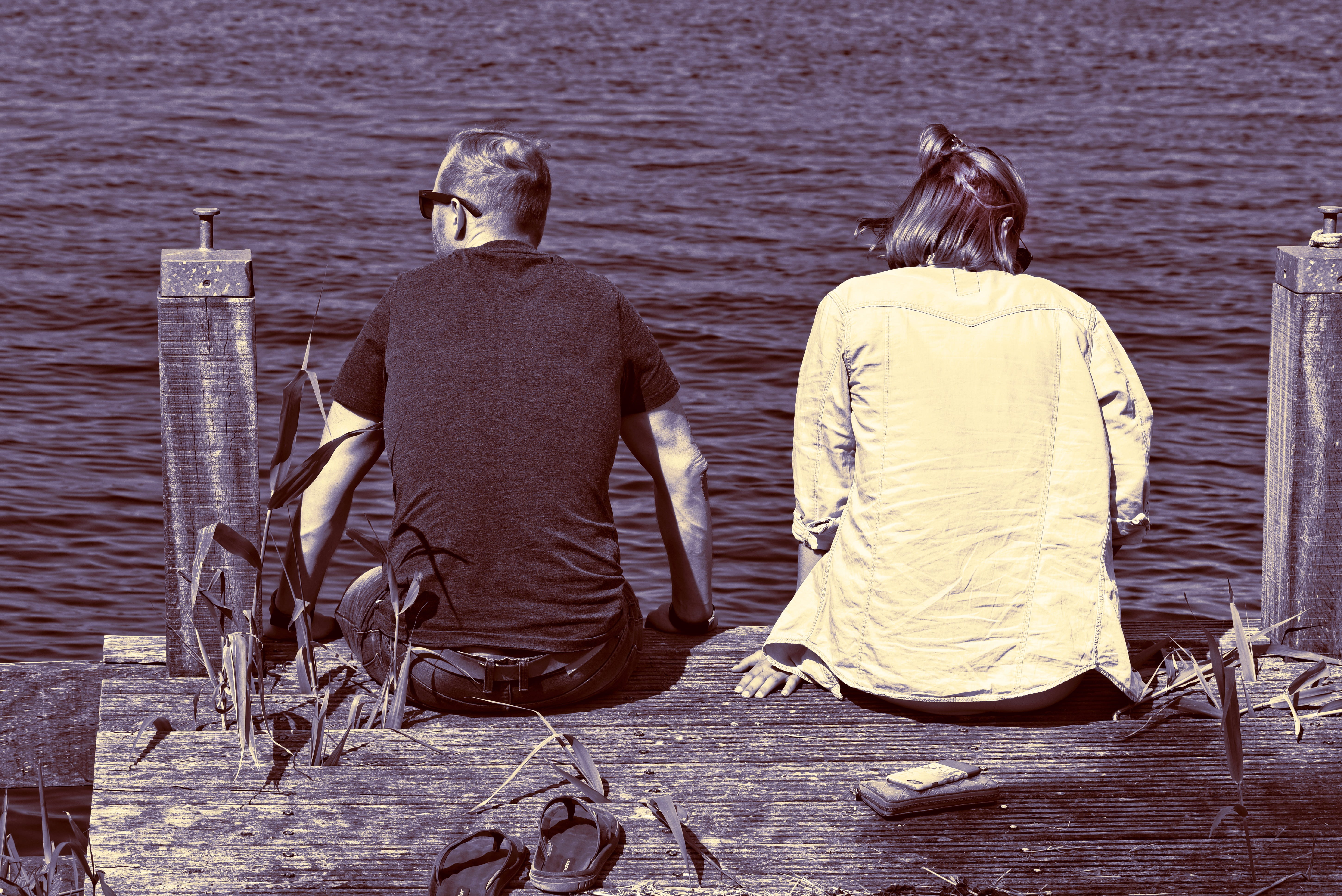 two people, dock, real people, nature, women, outdoors, rear view, clothing, lifestyles, lake, together, people, adult, person, resting, two, man, water, HD Wallpaper