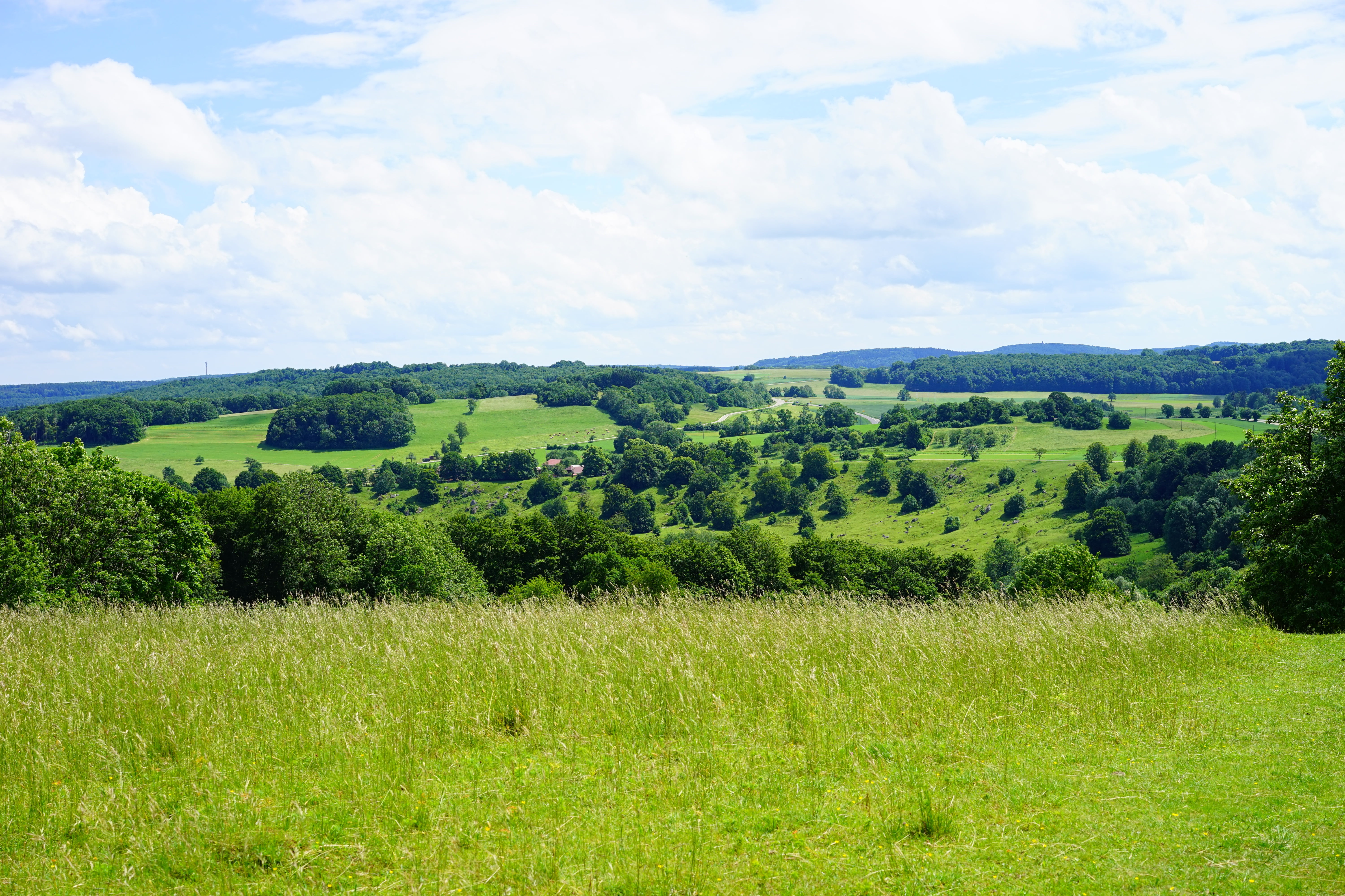 clouds, environment, hilly terrain, former swabian volcano, field, day, non-urban scene, terrain gradually, green color, idyll, alb eaves, sky, albmaar, HD Wallpaper