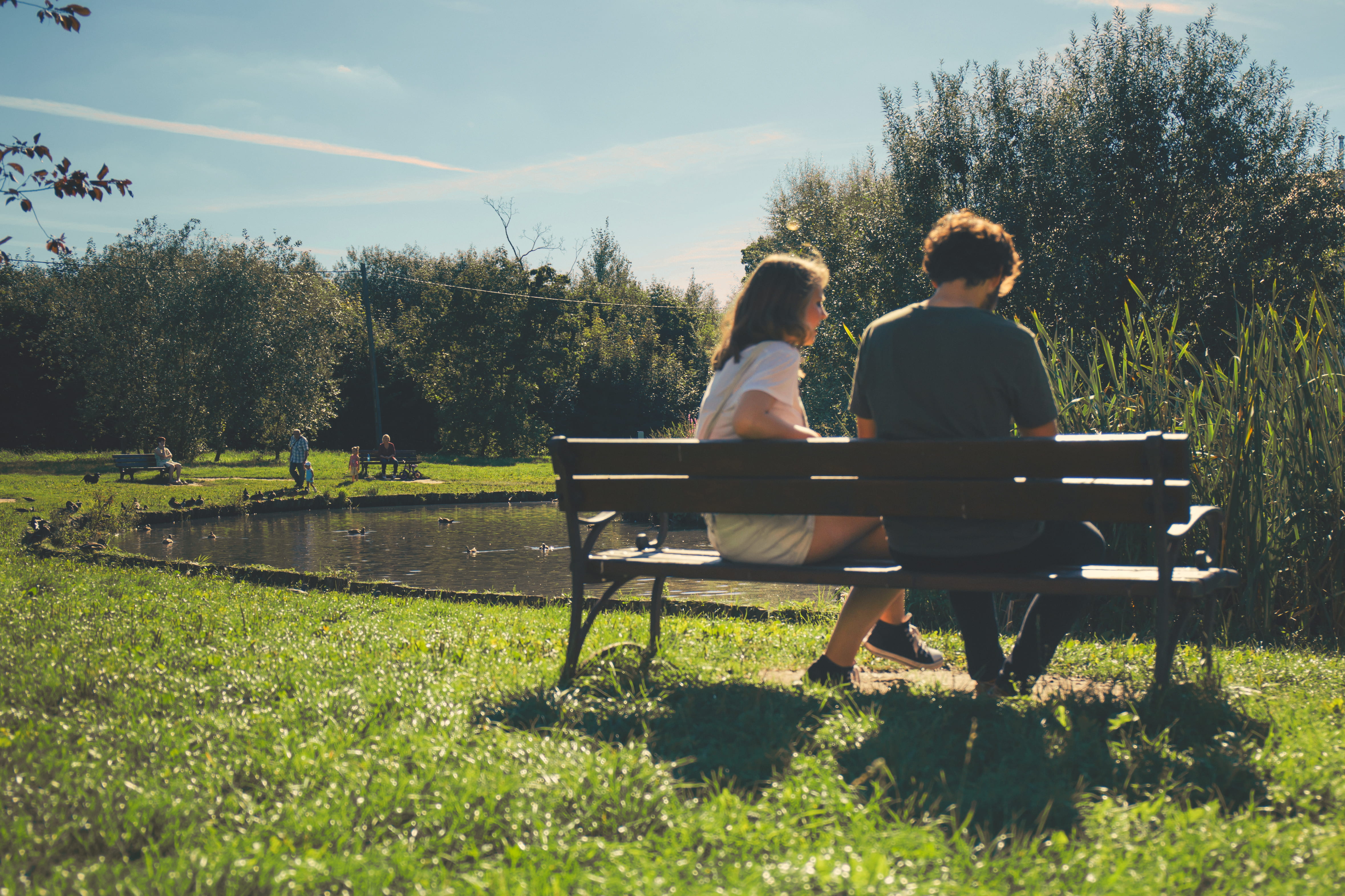 daylight, adult, landscape, tranquil, men, foliage, peaceful, positive emotion, guy, relaxation, seat, leisure, woman, outdoors, relationship, two people, HD Wallpaper