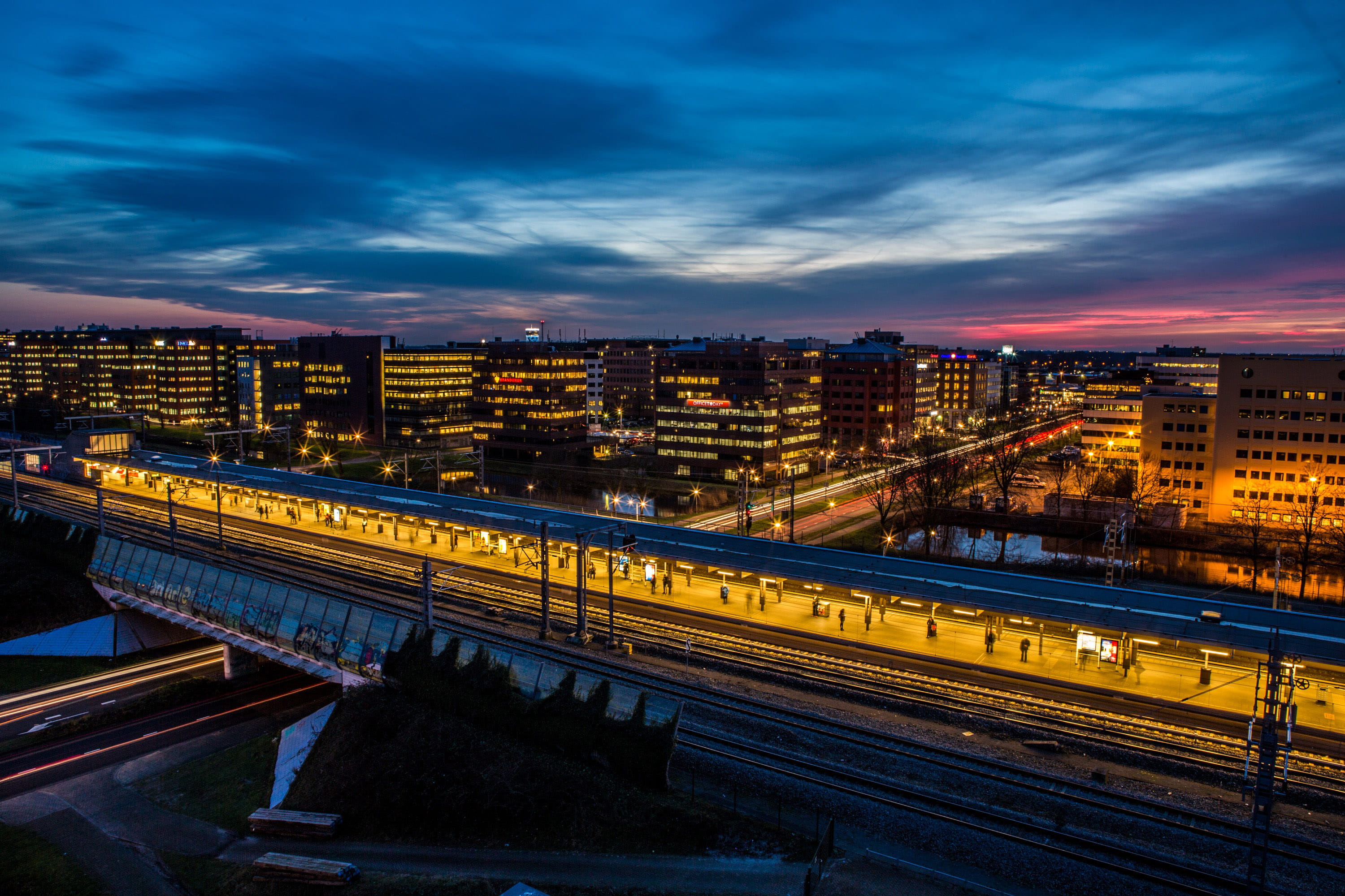 City, building exterior, Amsterdam, bridge, built Structure, long Exposure, urban Skyline, no people, night, cityscape, light trail, cloud - sky, illuminated, HD Wallpaper