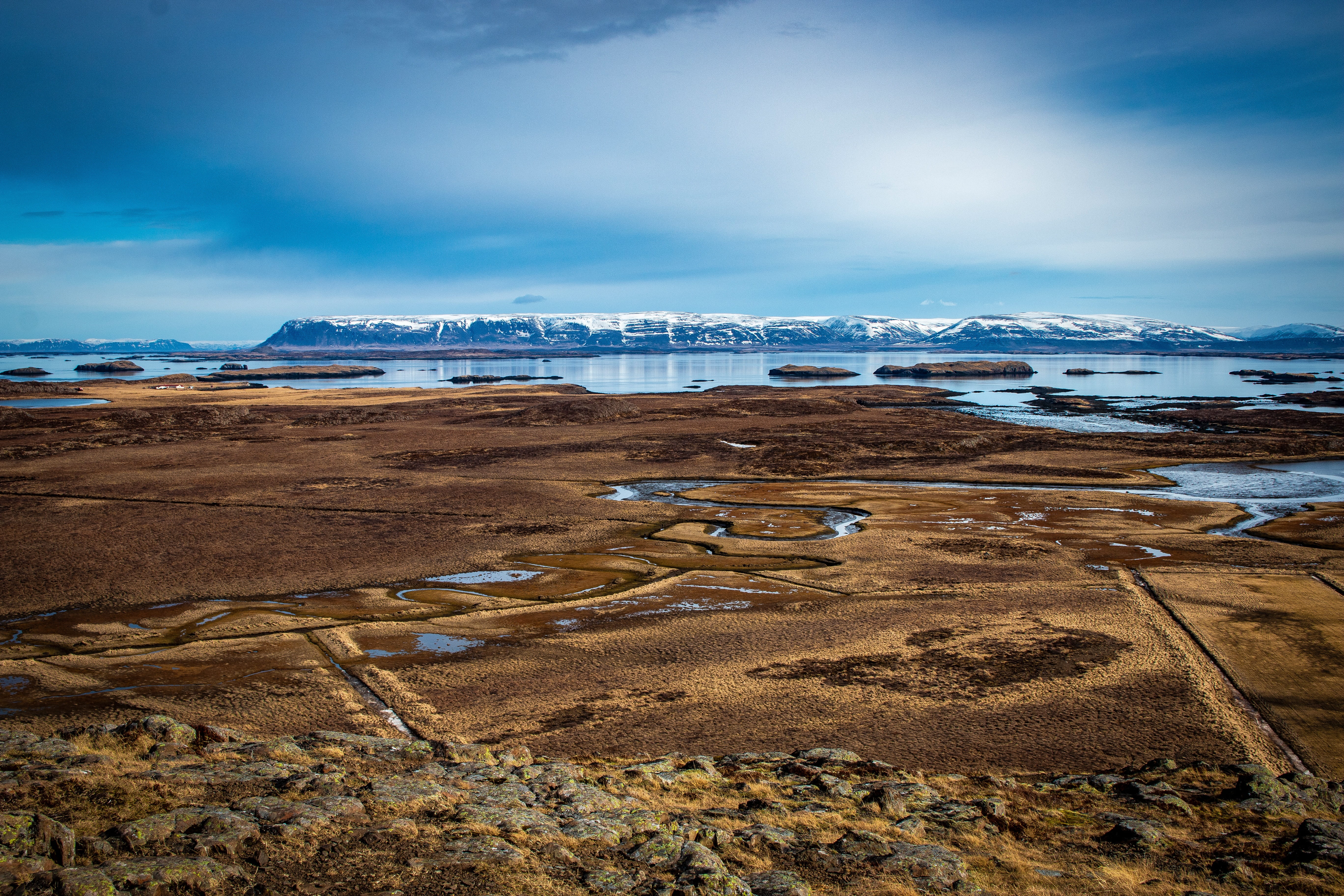 tranquility, panorama, iceland, ice, rest, beauty in nature, lagoon, clouds, helgafell, land, sky, blue, hiking, volcanic rock, hike, snow, stykkishólmur, HD Wallpaper
