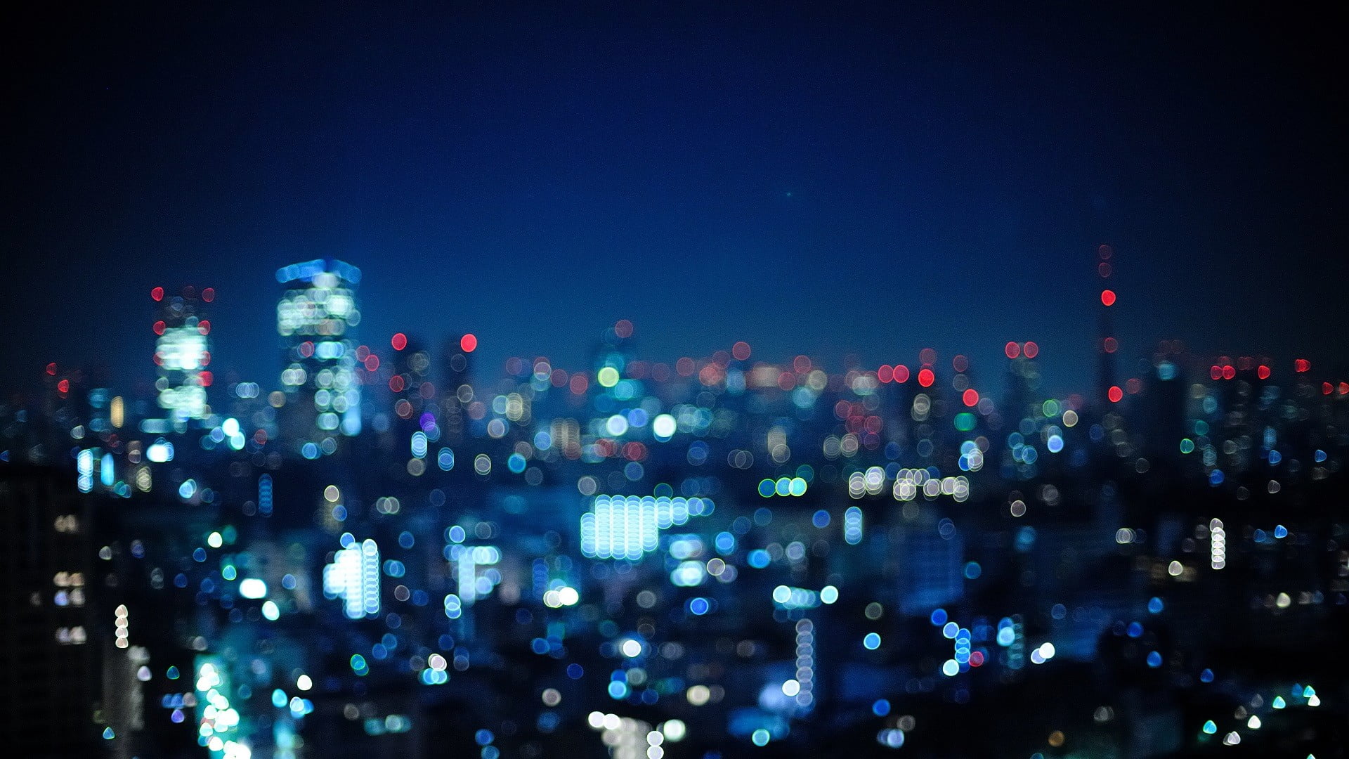 city, modern, office building exterior, lights, skyscraper, urban skyline, blue, no people, built structure, building, architecture, blurred, night, 1080P, HD Wallpaper