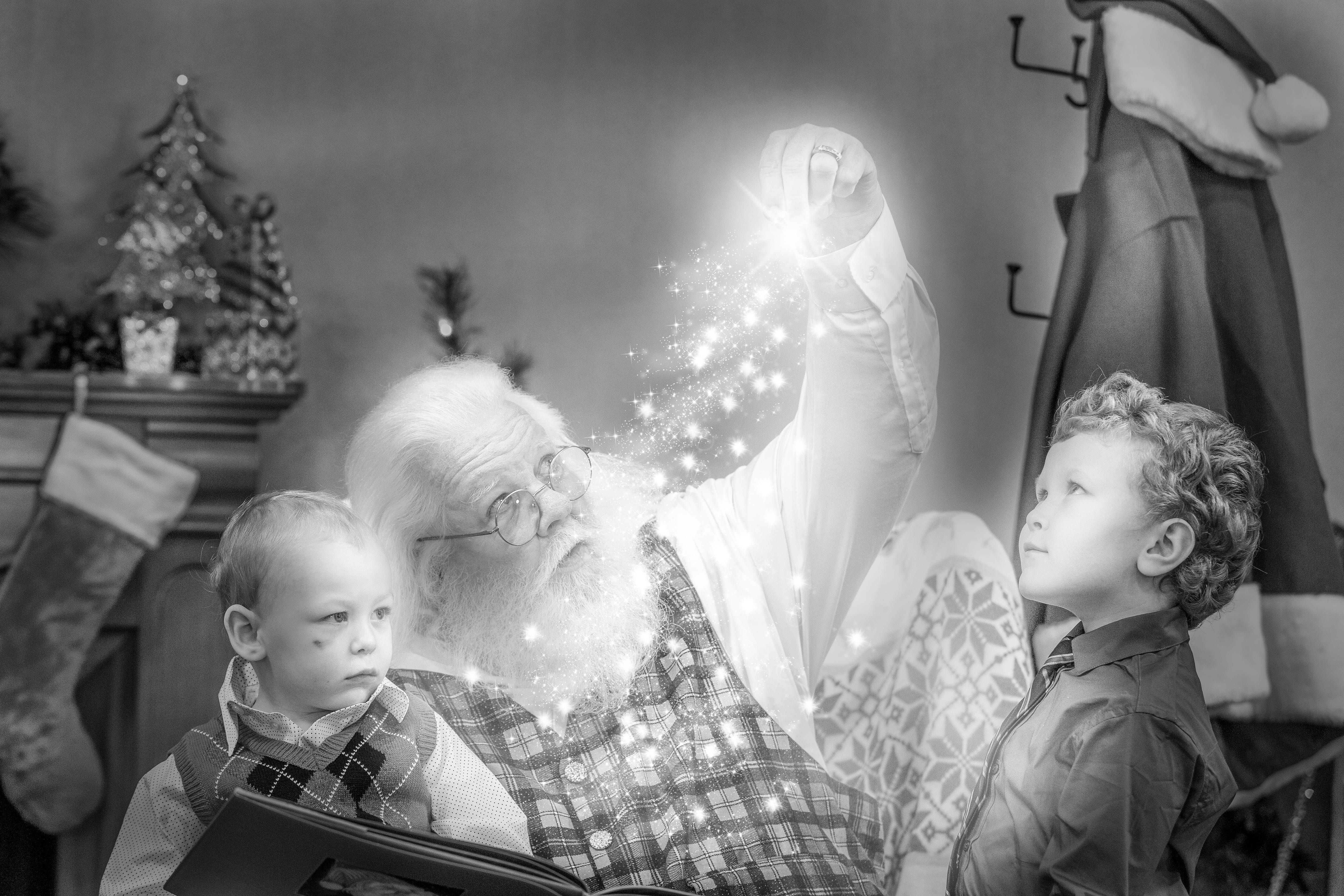 event, childhood, decoration, santa, girls, nicholas, black and white, offspring, christmas, tradition, child, looking, gift, sibling, sister, females, HD Wallpaper