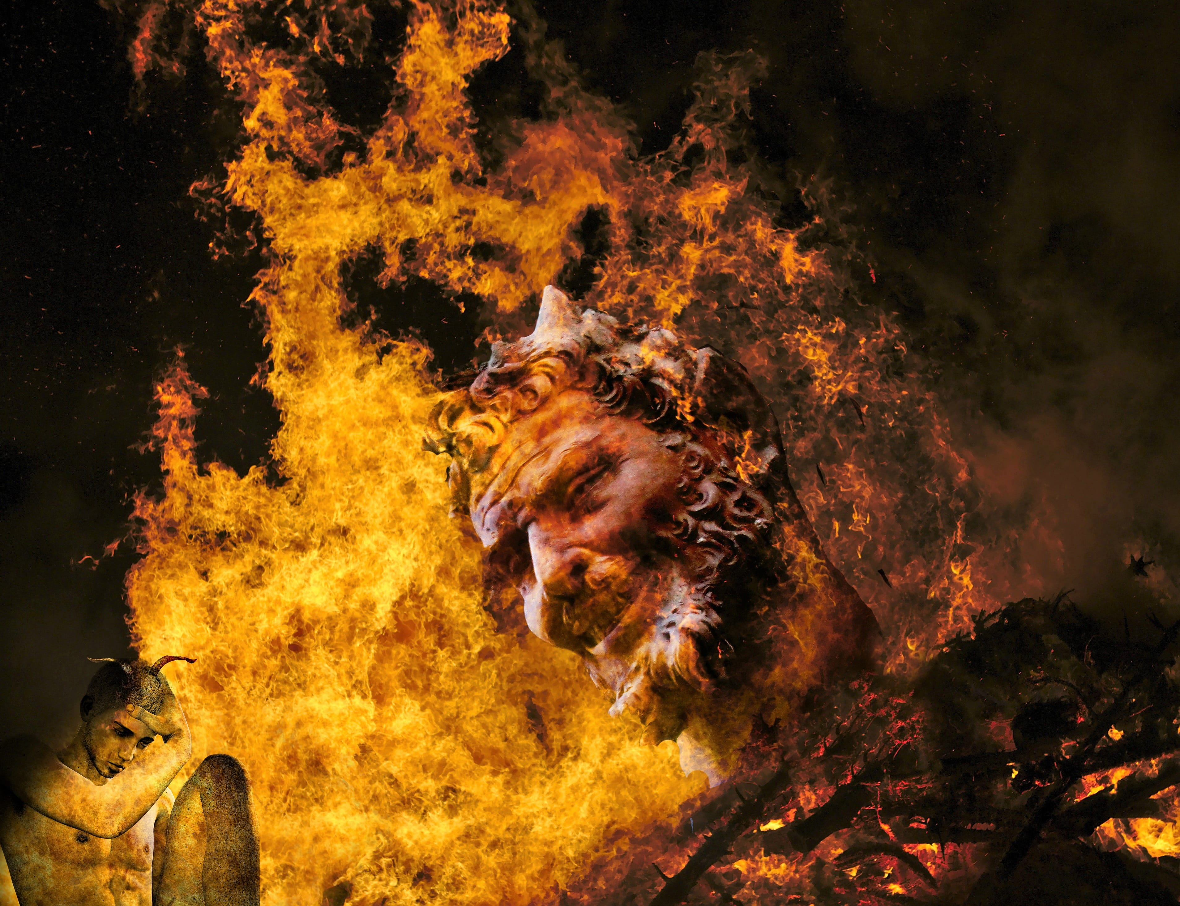 hot, hell, event, smoke - physical structure, outdoors, fantasy, fire, environment, heat - temperature, evil, forest, glowing, orange color, risk, devil, HD Wallpaper