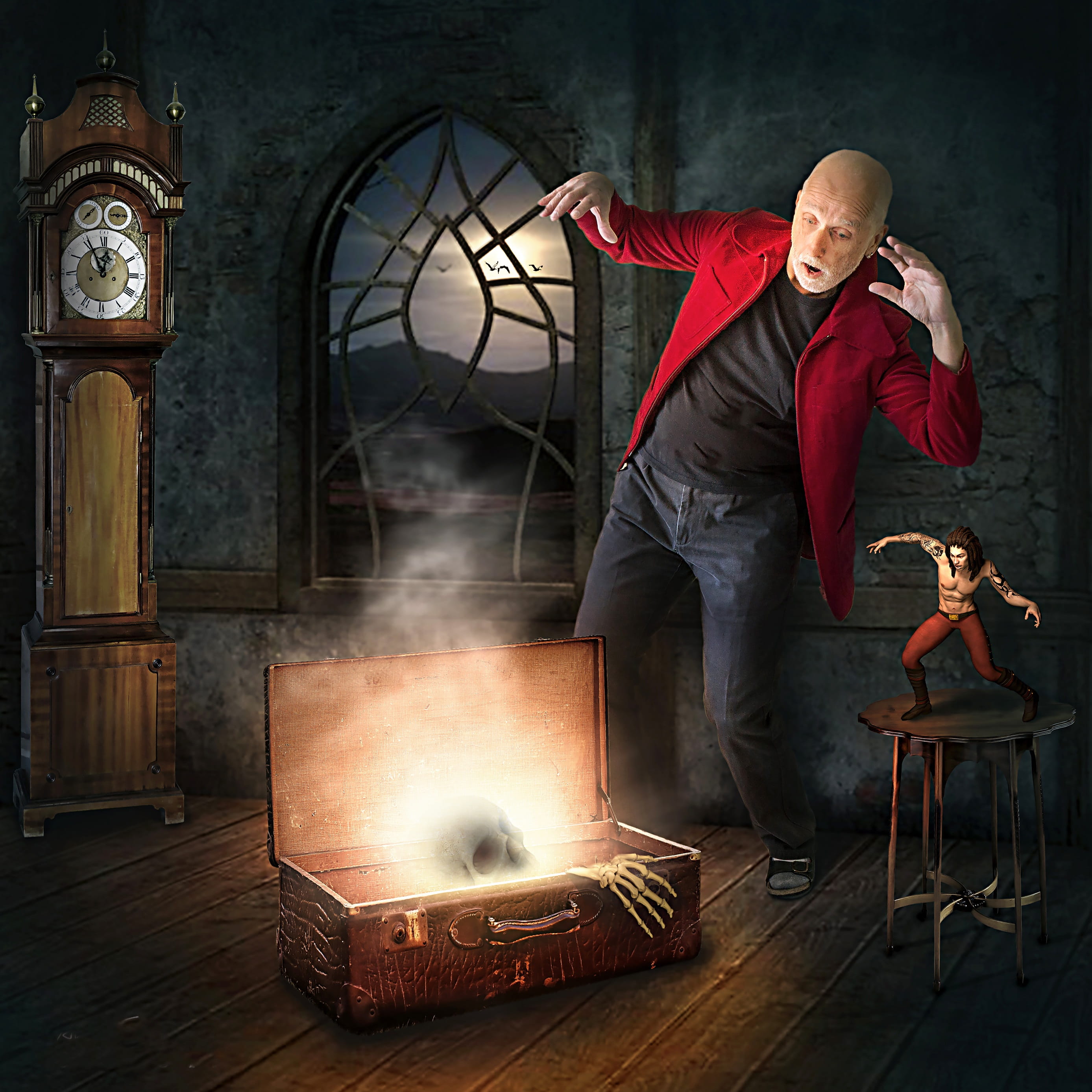 red, indoors, adult, full length, men, people, fantasy, fear, photomontage, human, males, mystical, composing, dream world, built structure, image editing, Phone HD Wallpaper