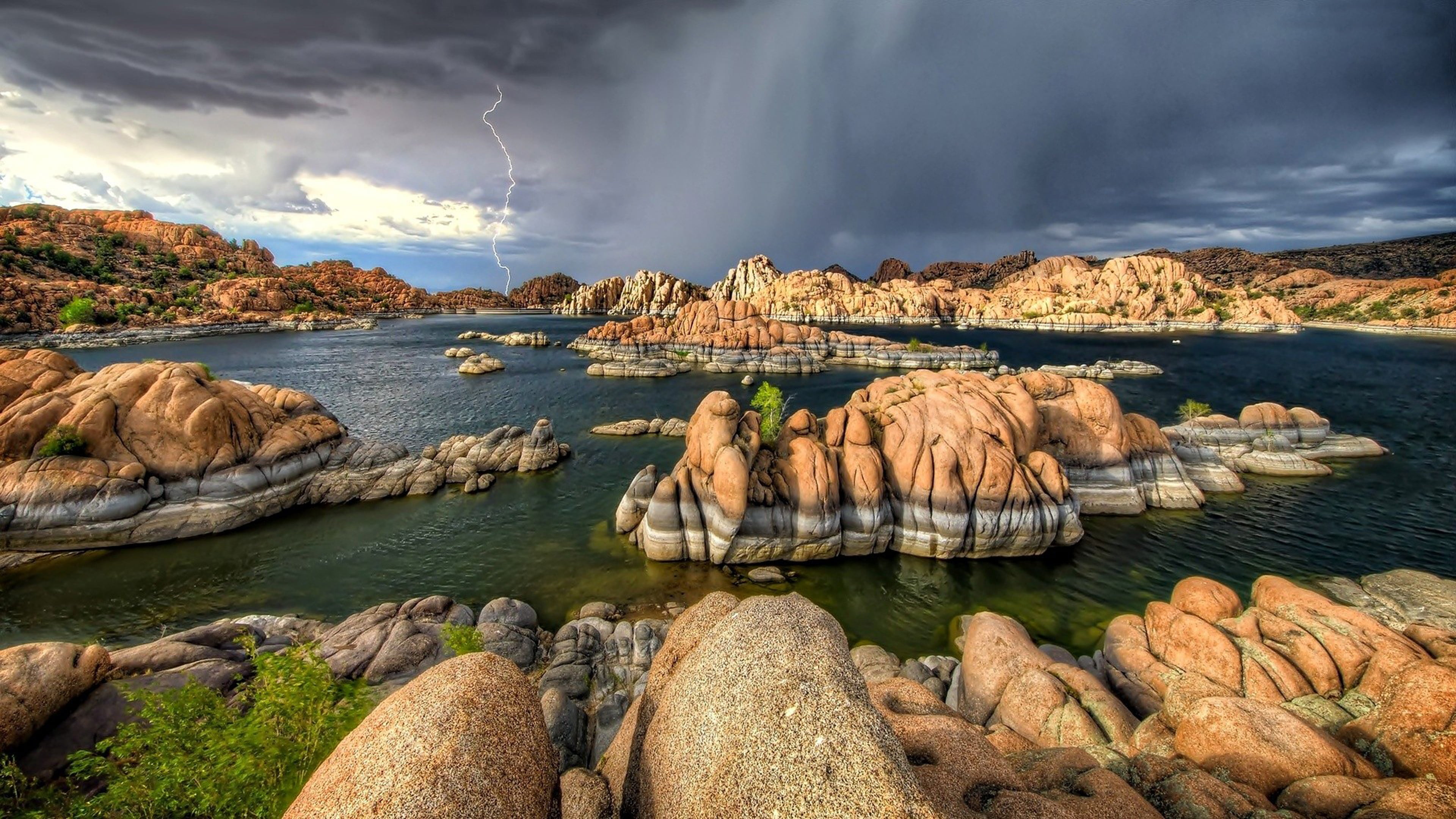 rock, land, solid, sea, lake, water, 4K, cloud - sky, dark, cloud, environment, arizona, mountain, rock - object, hd, tranquility, watson, scenics - nature, HD Wallpaper