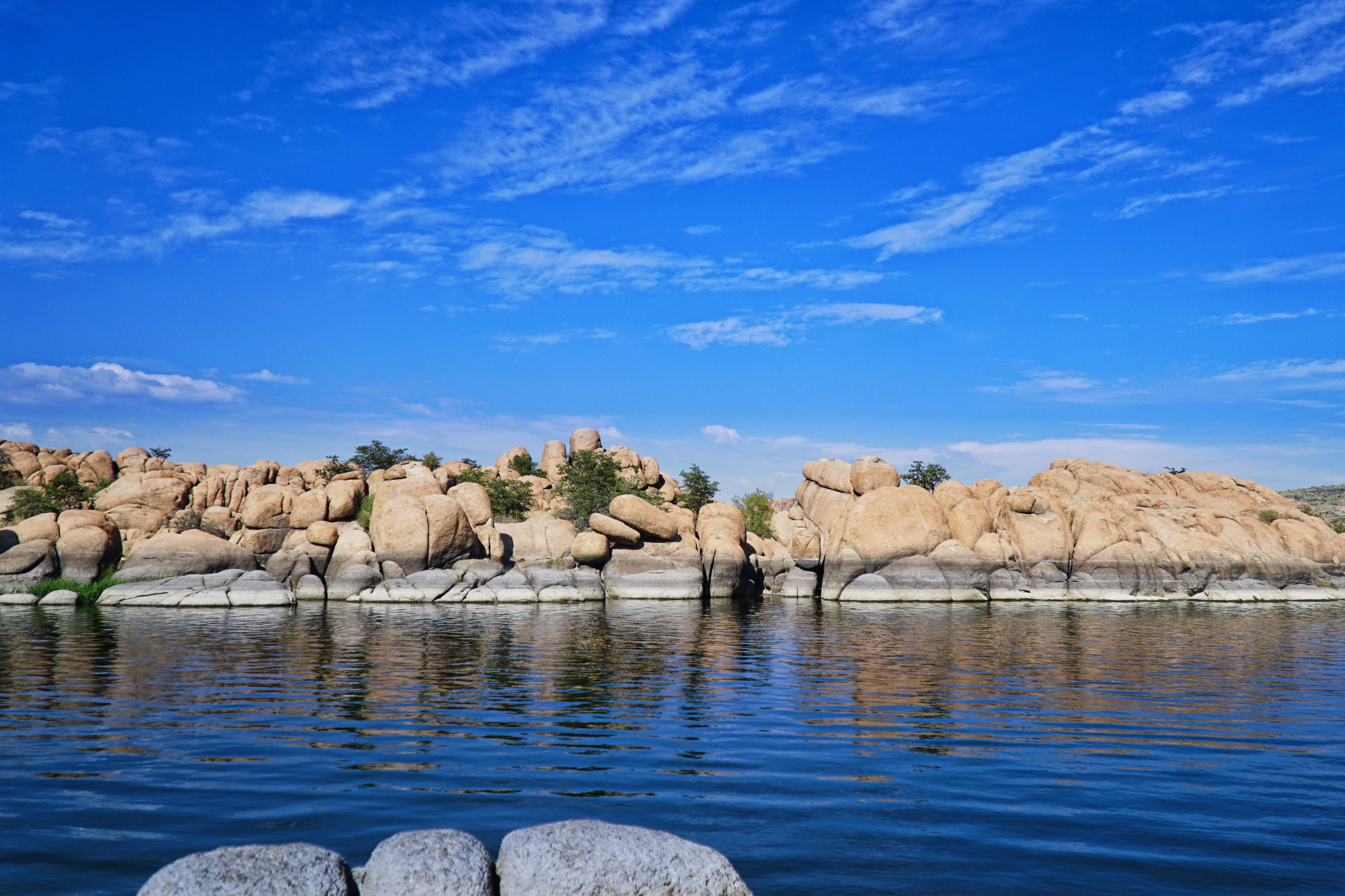 rock - object, blue, outdoors, 5K, shallow, waston lake, prescott, day, water, solid, no people, sky, tranquil scene, waterfront, beauty in nature, tranquility, HD Wallpaper