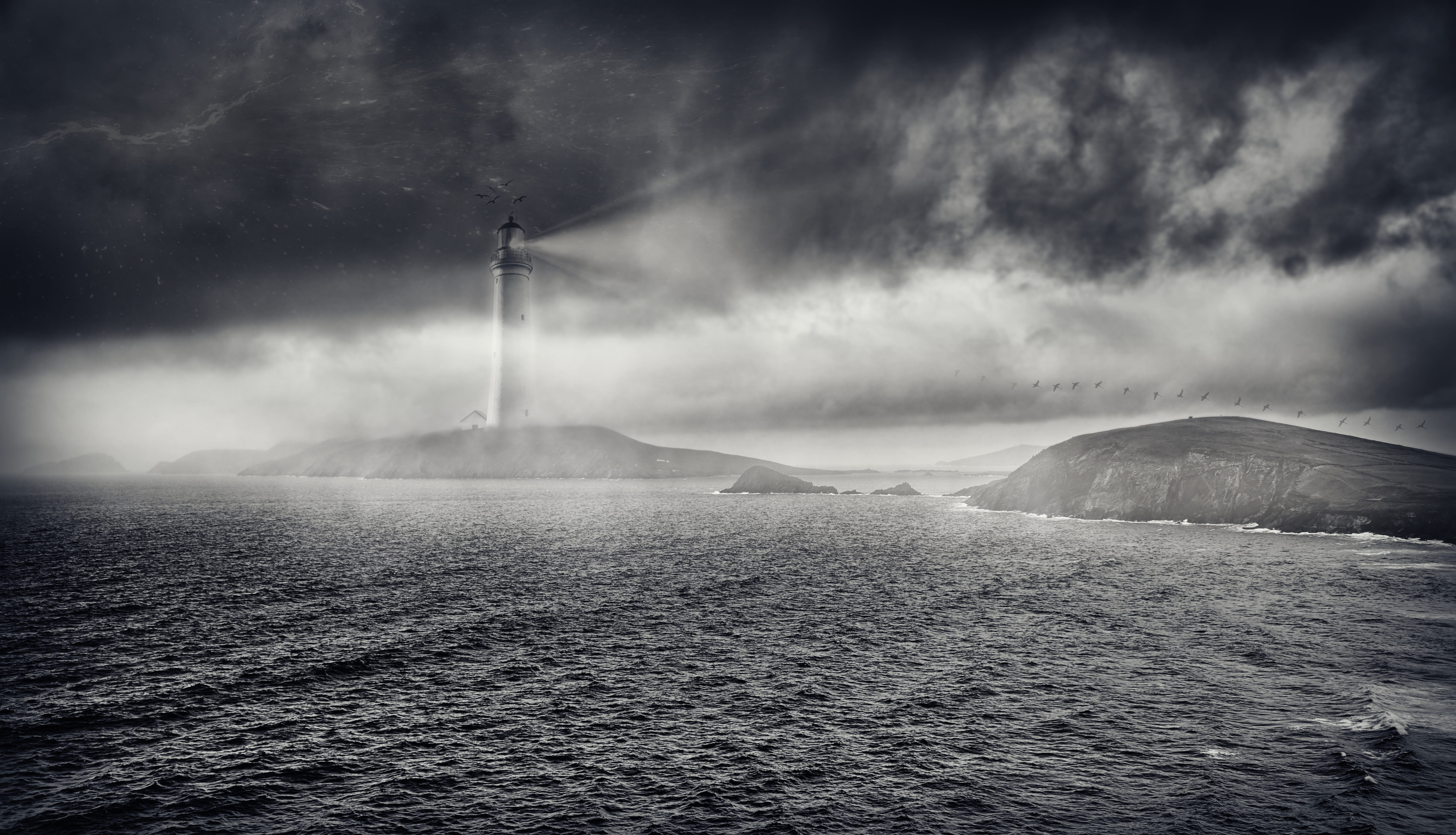 dingle iceland, water, sky, environment, beauty in nature, power in nature, forward, storm, cloud - sky, photo montage, landscape, lighthouse, fog, outdoors, HD Wallpaper