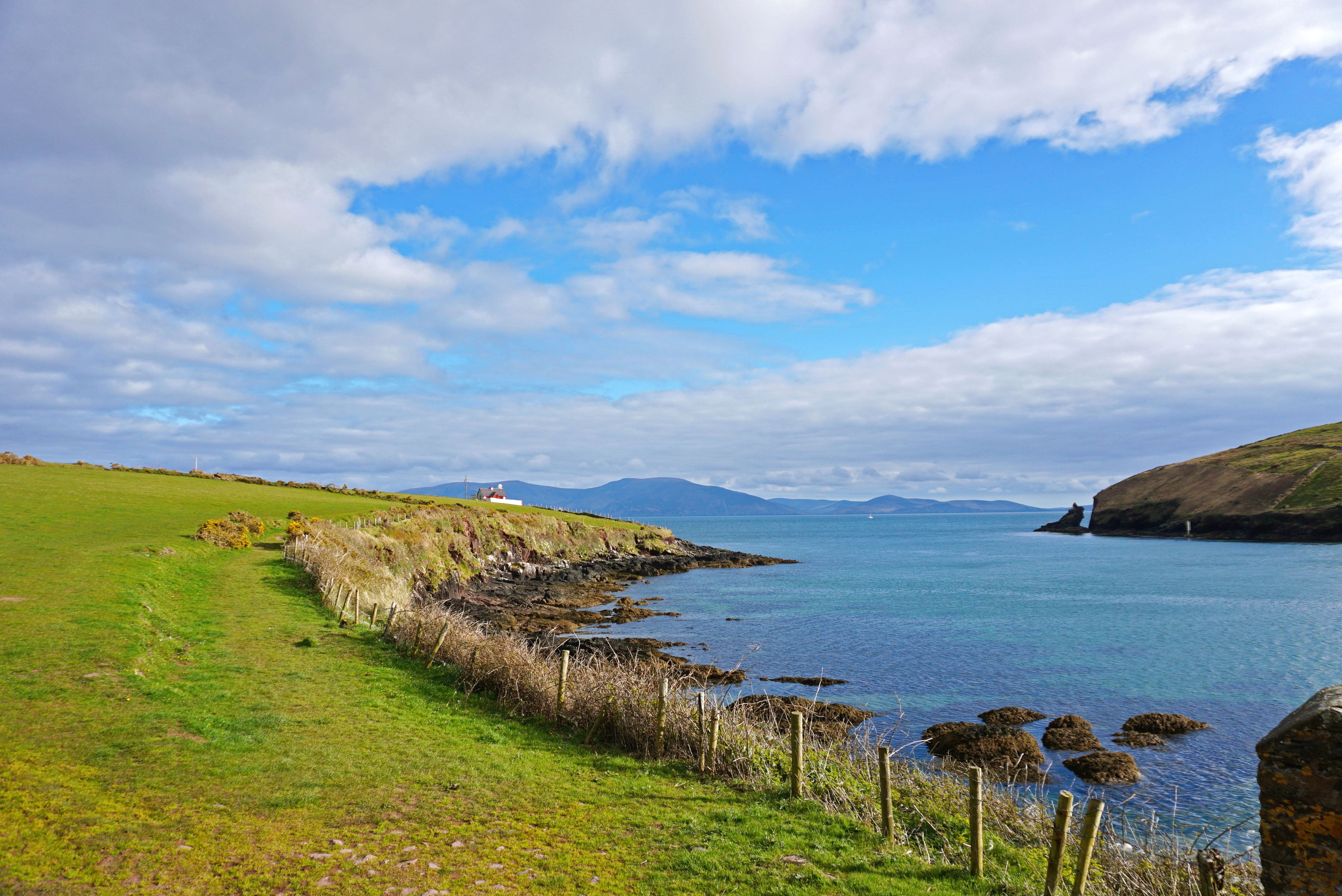 nature, mountain, sea, ocean, sky, non-urban scene, summer, environment, grass, land, tranquility, high, idyllic, water, no people, ireland, body, plant, HD Wallpaper
