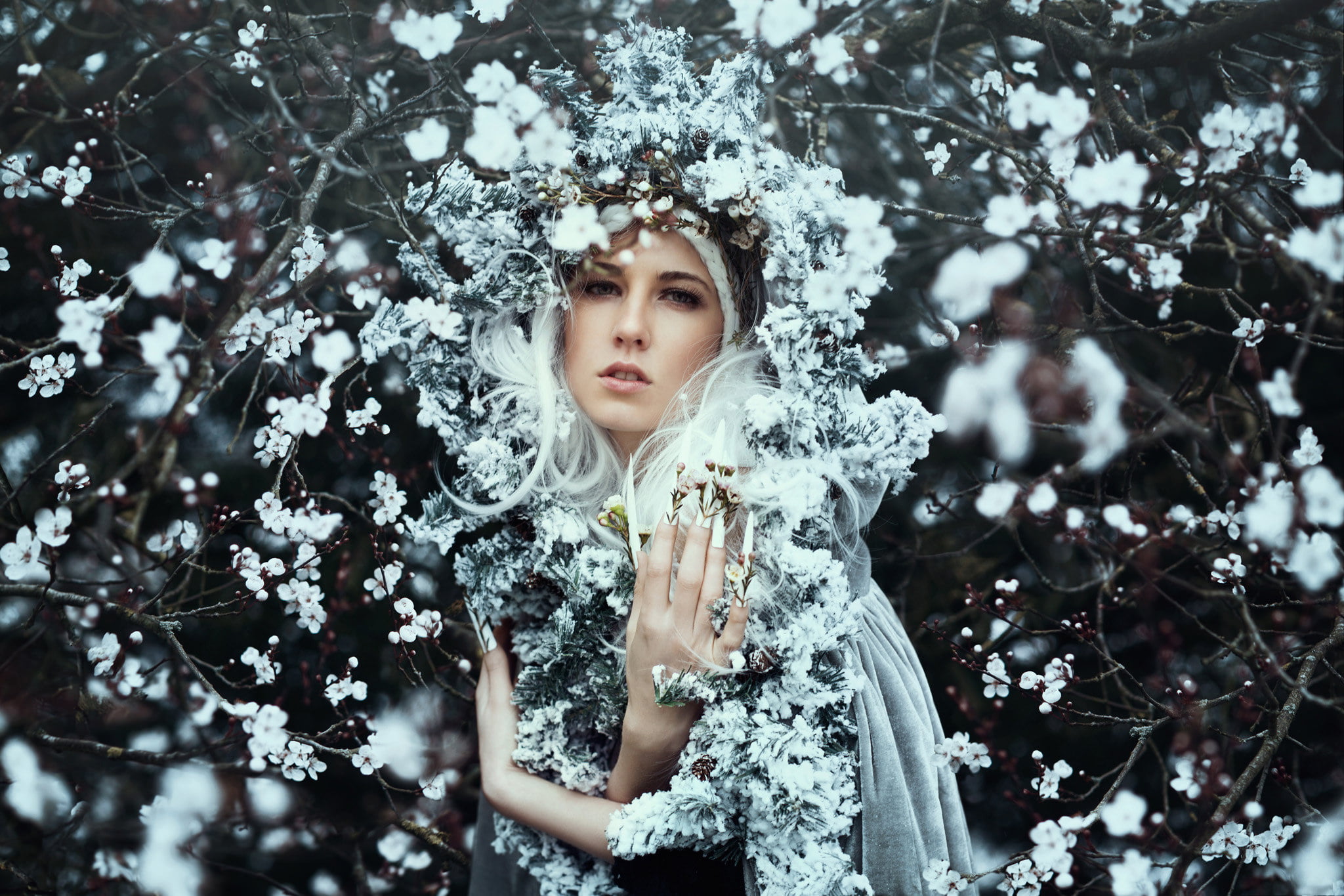 contemplation, tree, adult, standing, flowering, beautiful woman, outdoors, plant, looking at camera, snow, 1080P, spring, wreath, branches, nature, Kerry-Ann, HD Wallpaper