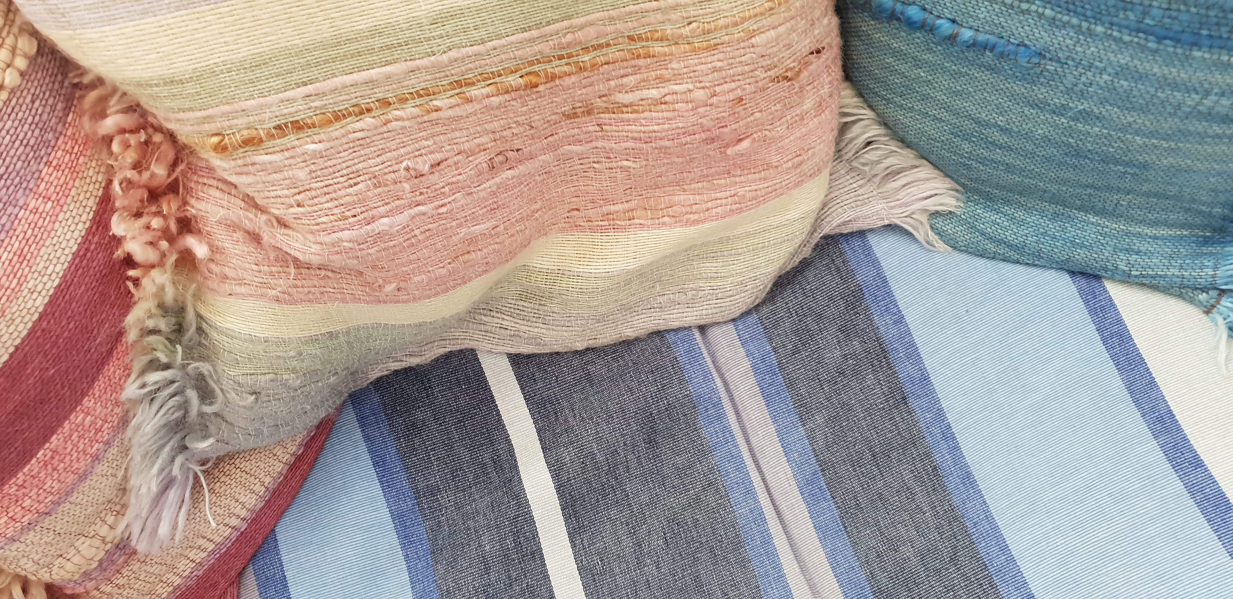 fabric, clothing, jeans, choice, blue, cushions, scarf, textile, no people, 4K, indoors, pattern, industry, high angle view, casual clothing, business, HD Wallpaper
