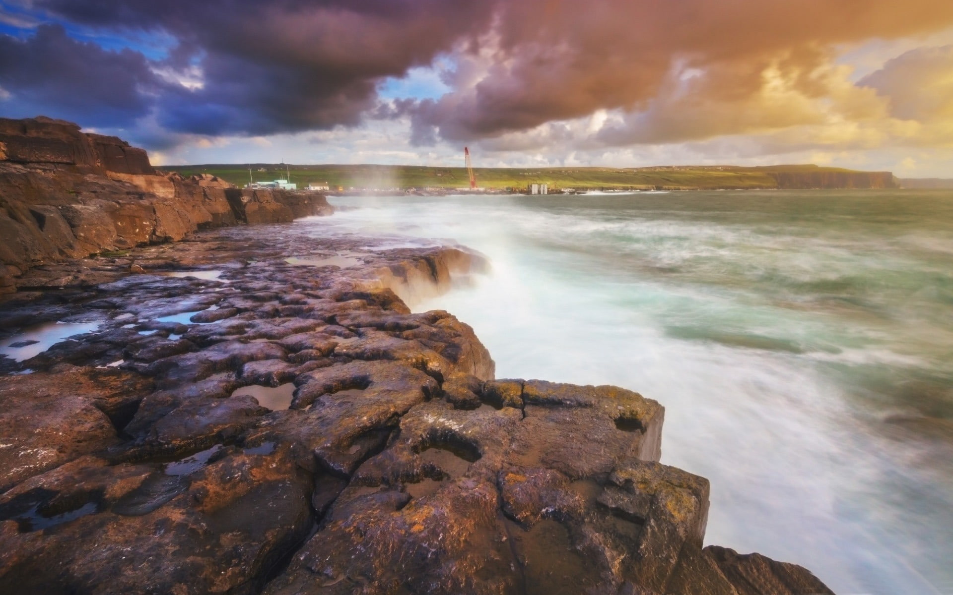  outdoors, flowing water, beauty in nature, no people, scenery, sky, tranquil scene, cloud - sky, rock - object, bay, hd, ireland, land, flowing, HD Wallpaper