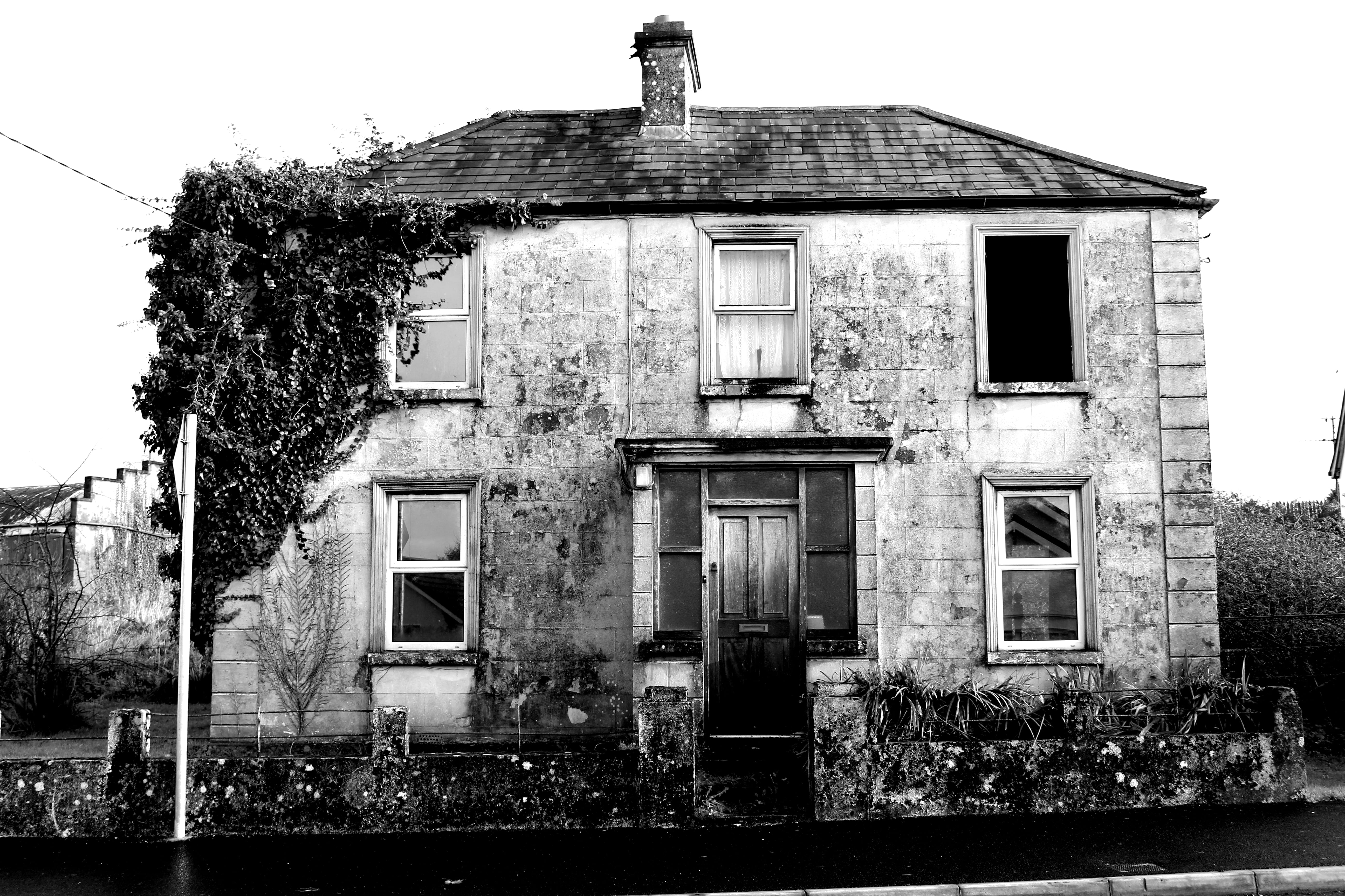 neighborhood, tipperary, white, facade, bw, hill house, countryside, no people, plant, greyscale, nature, old, tree, window, rural, residential district, HD Wallpaper