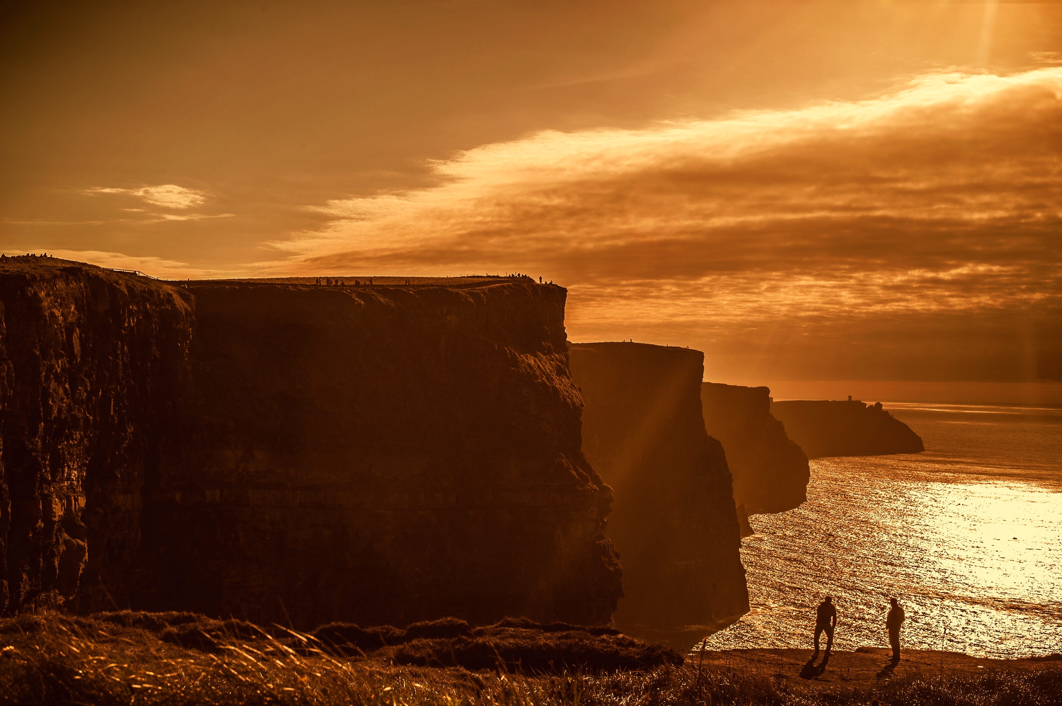 cliff, water, cloud - sky, no people, solid, tranquil scene, rock, stack rock, sunset, ocean, scenic, tourism, ireland, landscape, sunlight, scenics - nature, HD Wallpaper