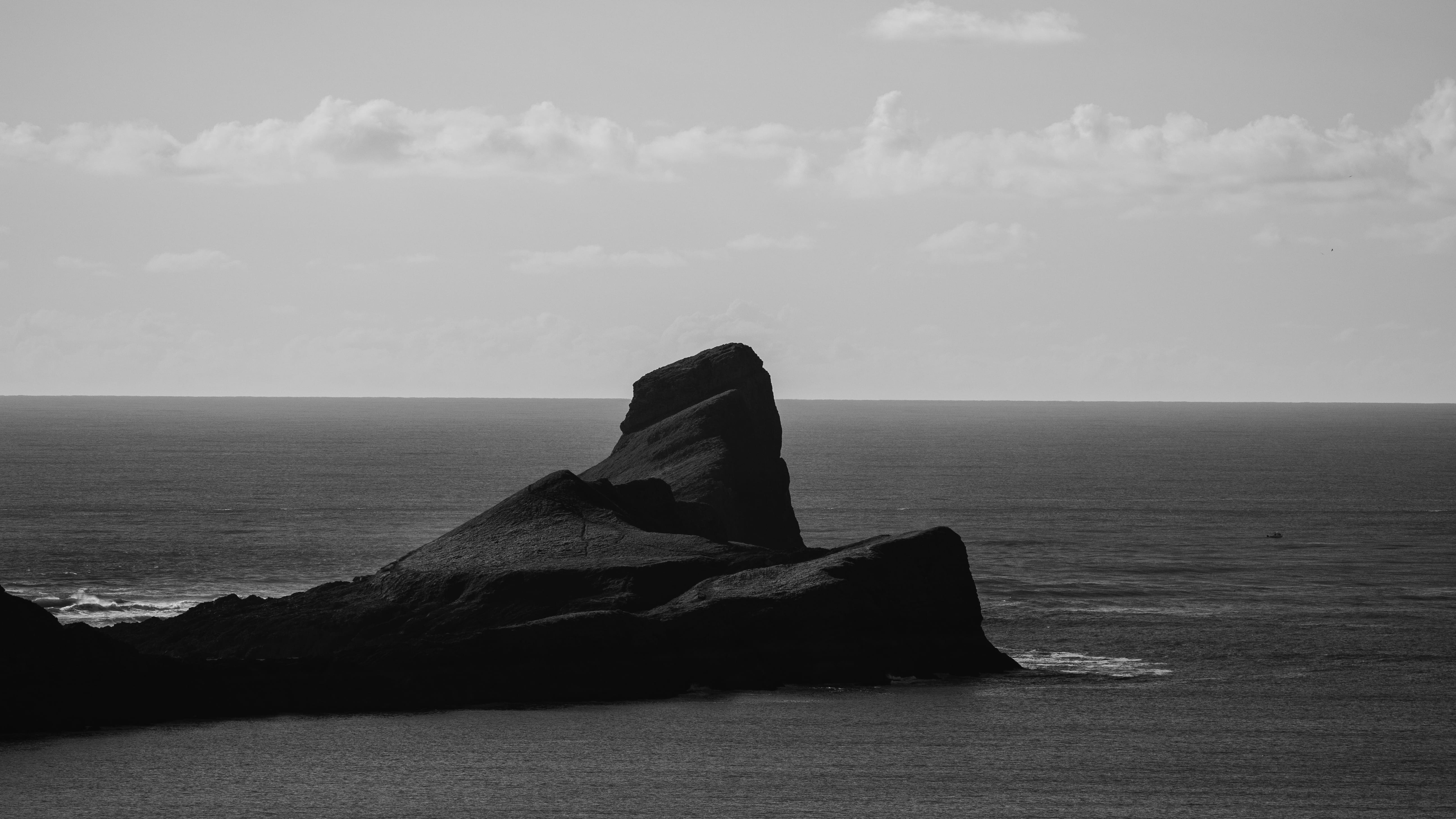 wales, black and white, tranquil scene, sea, outdoors, horizon, rock, rock - object, solid, cloud - sky, horizon over water, stack rock, 5K, united kingdom, HD Wallpaper