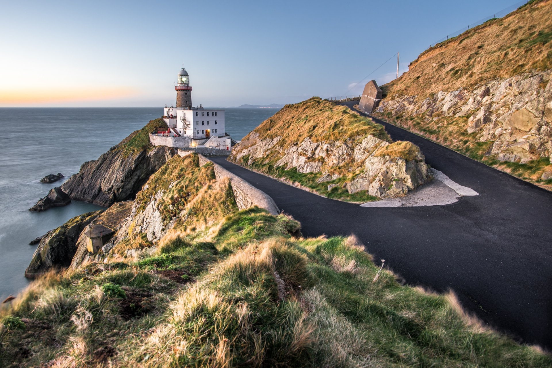 Buildings, Horizon, Morning, 1080P, Ireland, Rock, Lighthouse, Baily lighthouse, Sunrise, Sea, Road, HD Wallpaper