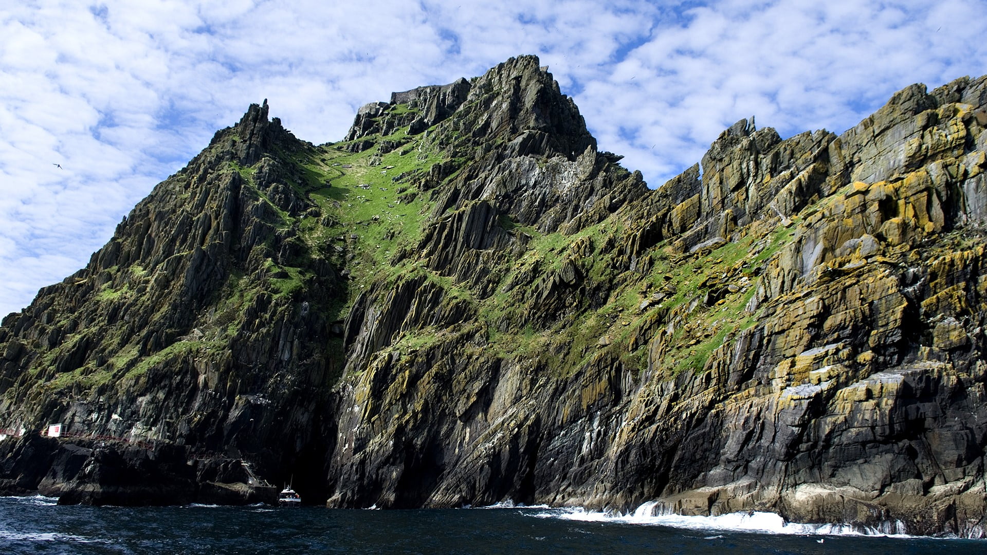 Ireland, landscape, grass, 1080P, sky, boat, waves, island, clouds, HD Wallpaper