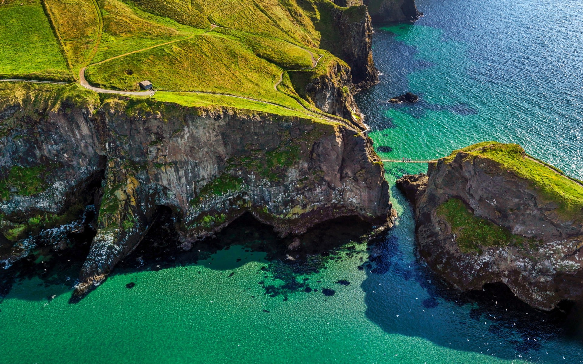 Green, turquoise colored, Coast, solid, scenics - nature, blue, grass, bridge, rock, cliff, island, beauty in nature, high angle view, tranquility, birds, HD Wallpaper