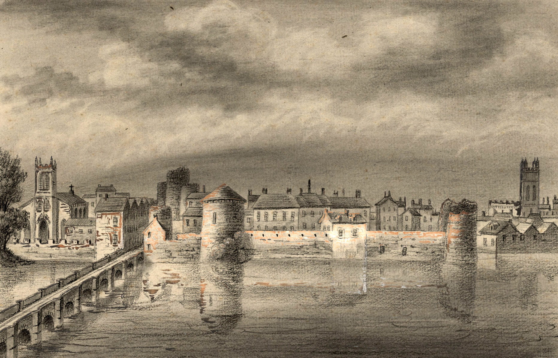 sky, building Exterior, no people, bridge - Man Made Structure, city, europe, 1830 in Ireland, history, built structure, water, sepia Toned, public domain, HD Wallpaper